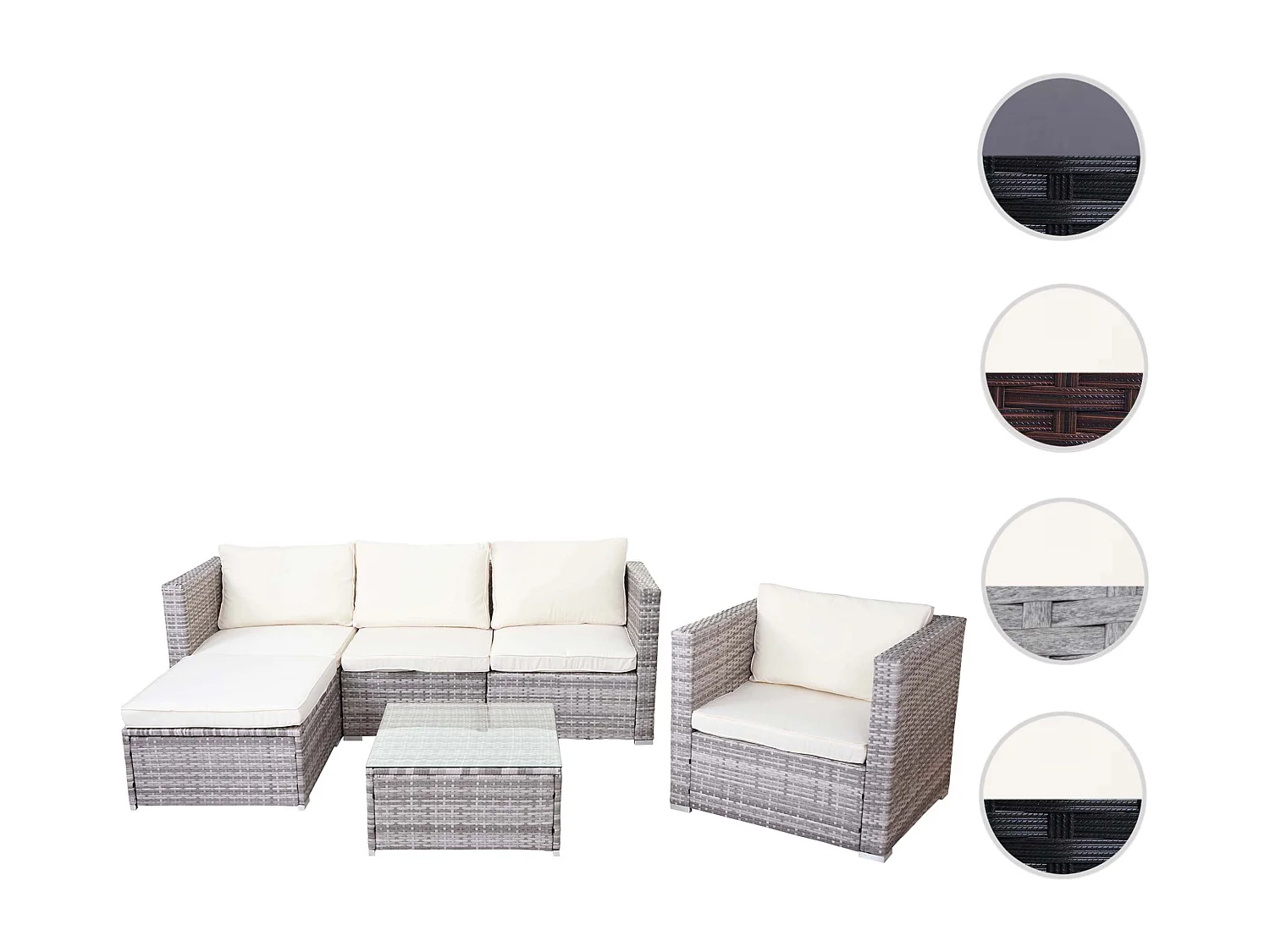 Poly-Rattan-Garnitur Busto, Grau, Kissen creme