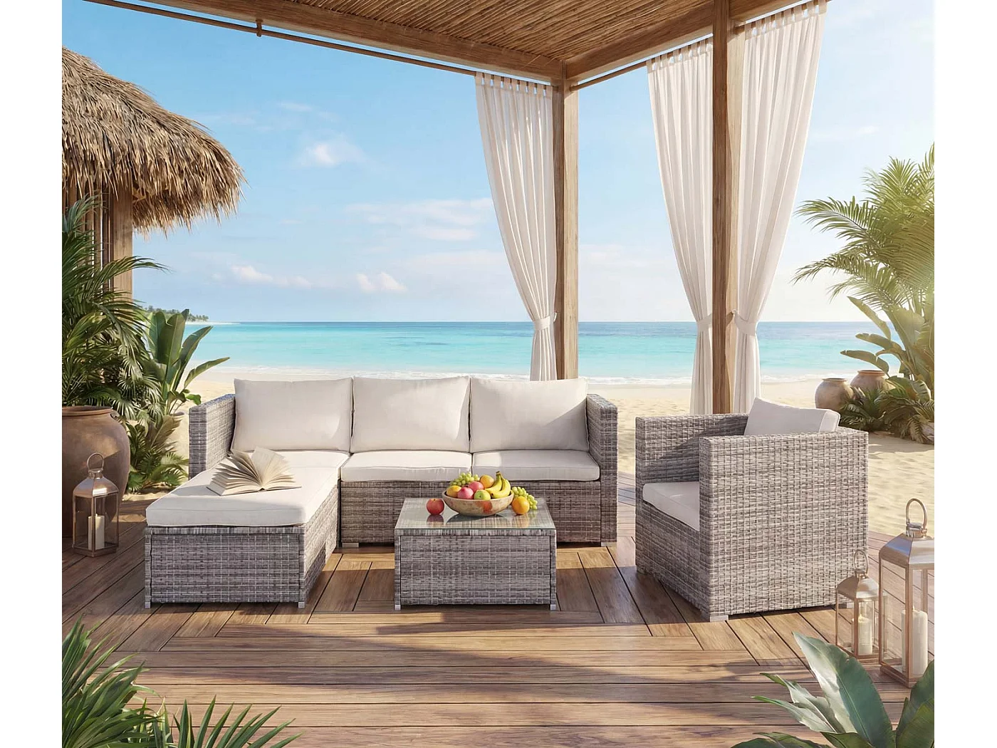 Zestaw z polirattanowym wykończeniem Busto,  szary, poduszki w kolorze kremowym