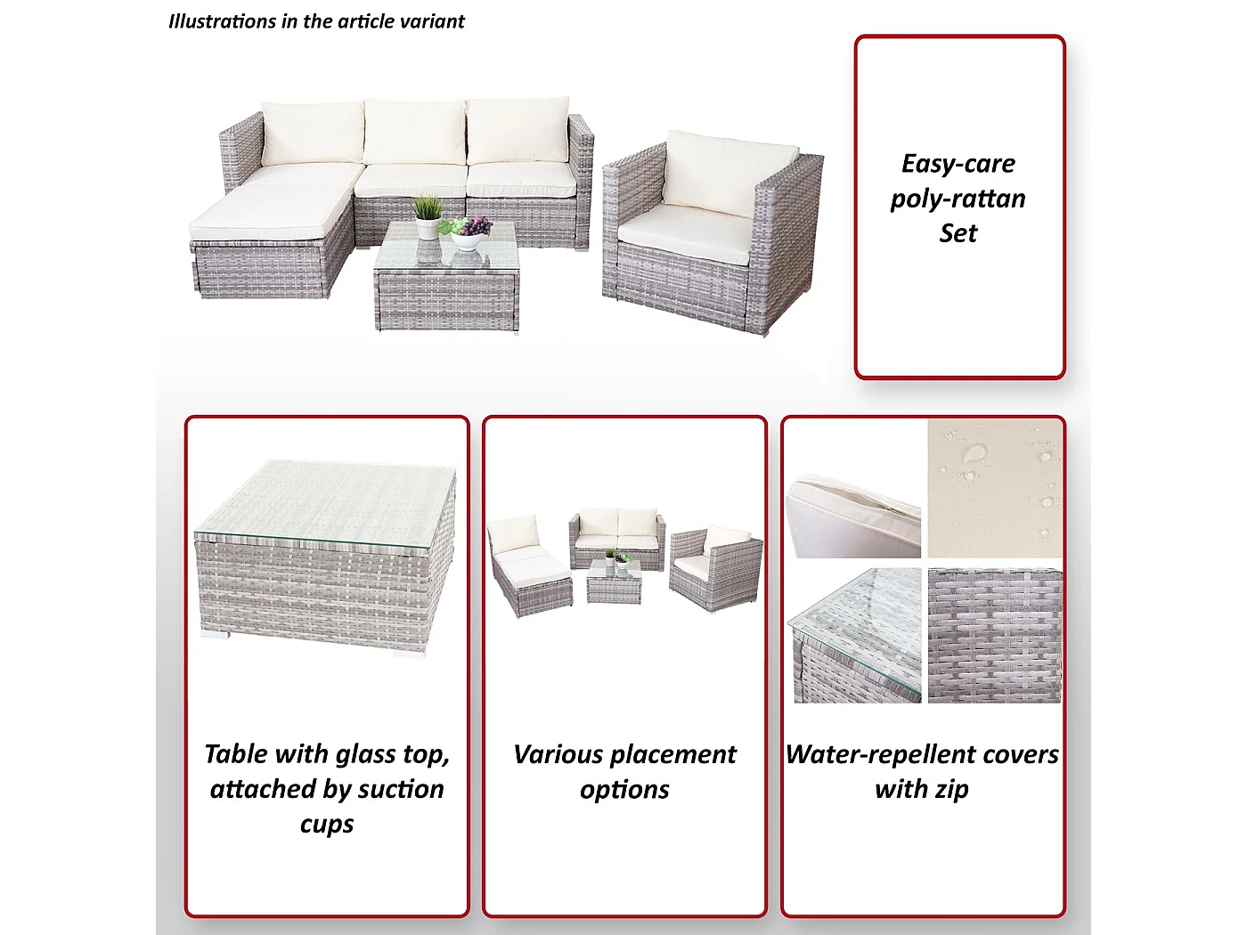 Zestaw z polirattanowym wykończeniem Busto,  szary, poduszki w kolorze kremowym