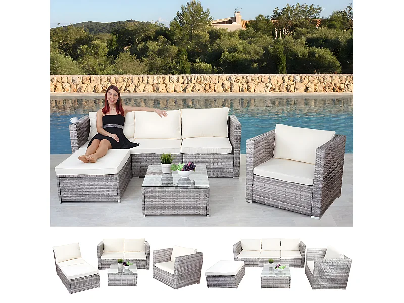 Poly-Rattan-Garnitur Busto, Grau, Kissen creme