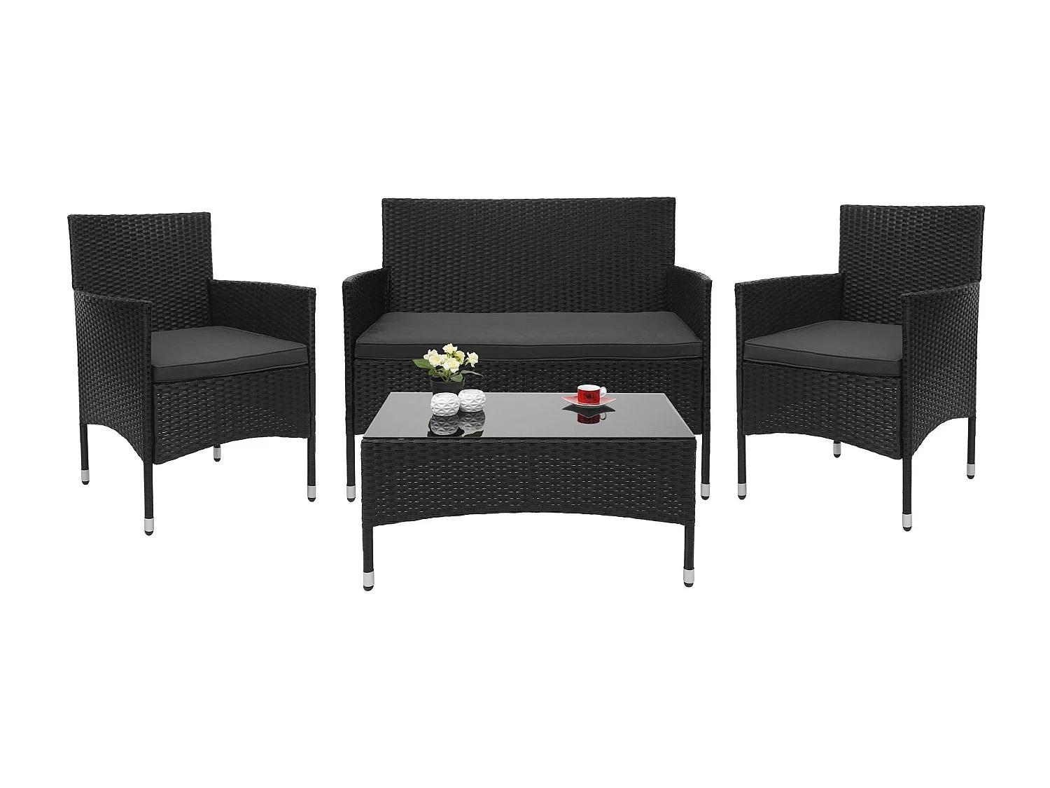 Set salotto giardino esterno salottino elegante MCW-F55 polyrattan nero con cuscini grigio scuro