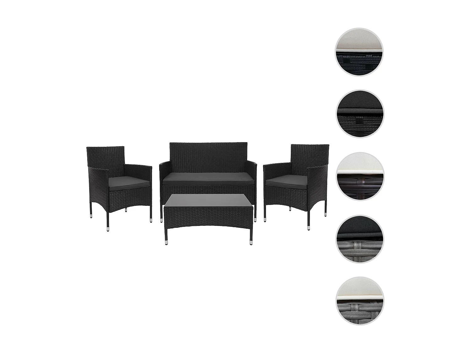 Set salotto giardino esterno salottino elegante MCW-F55 polyrattan nero con cuscini grigio scuro