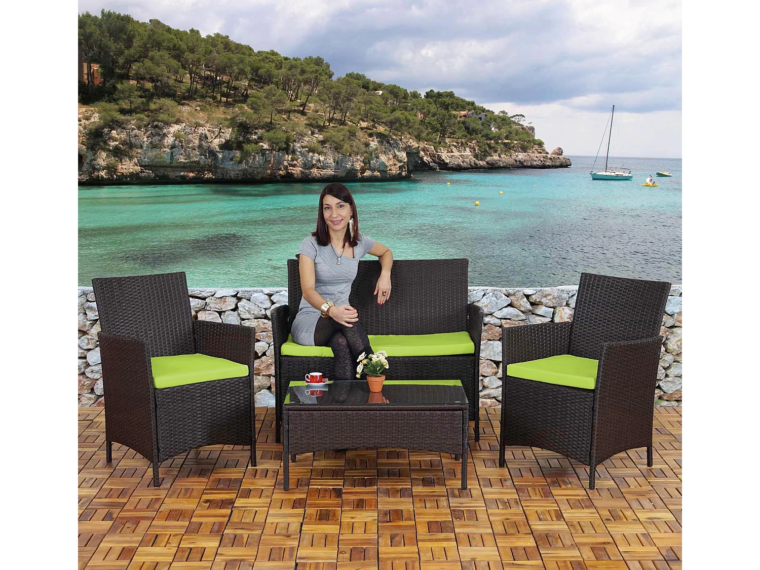 2-1-1 Poly-rotan tuinset Hamar,  bruin-gemêleerd, kussens groen