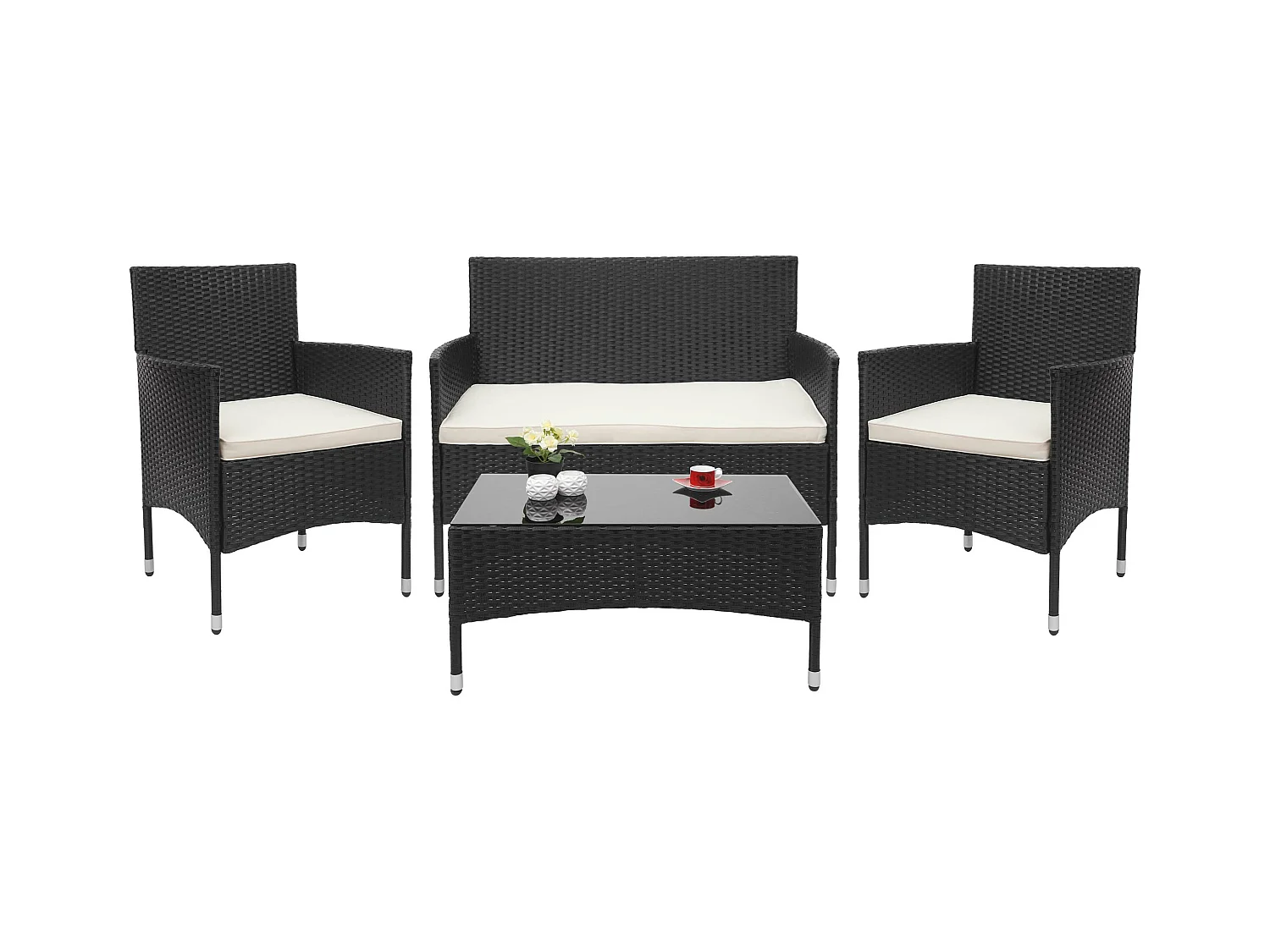 Polyrotan set MCW-F55 (4-delig),  zwart, kussens crème