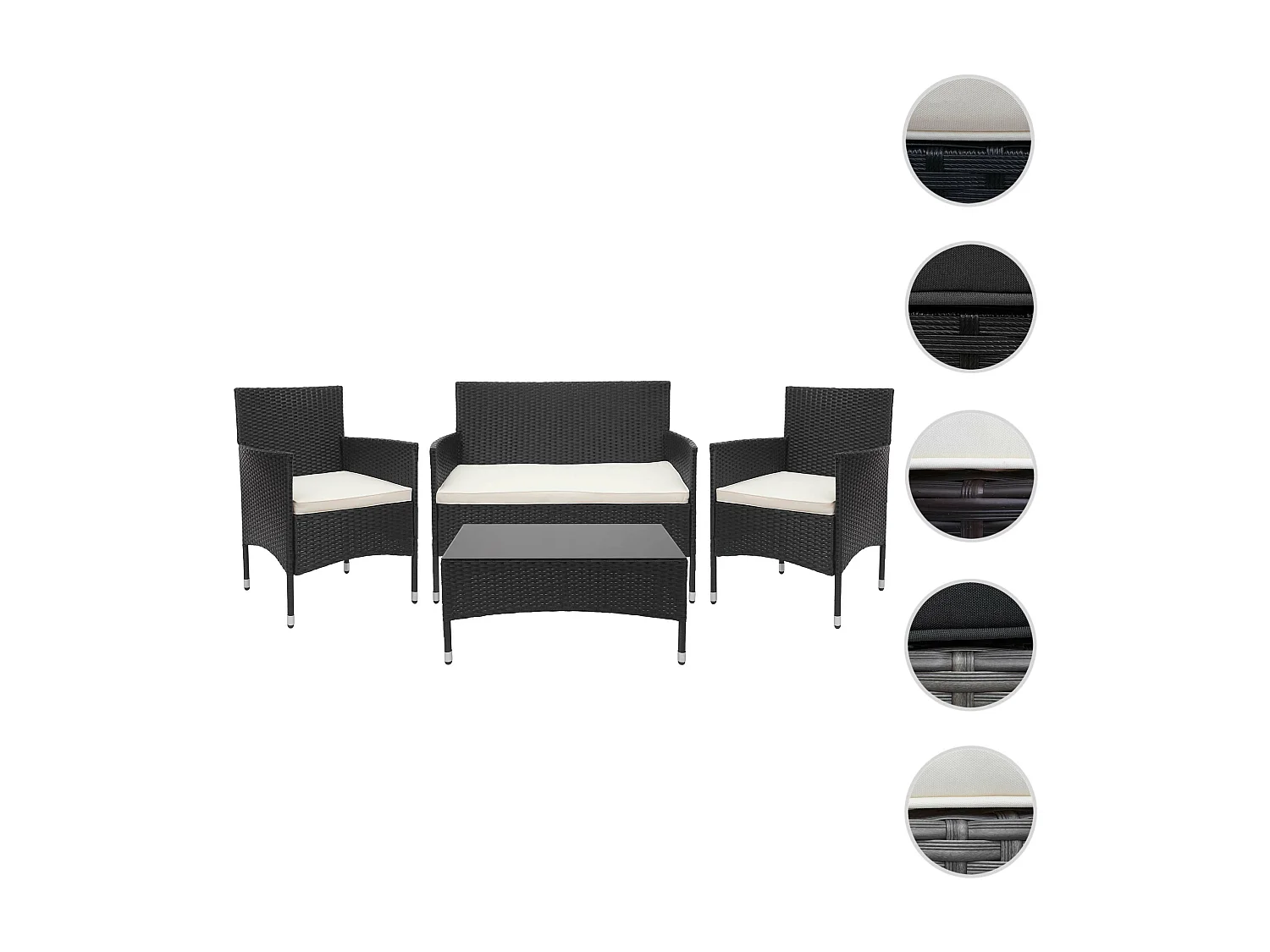 Poly-Rattan Garnitur MCW-F55 (4-teilig), Schwarz, Kissen creme