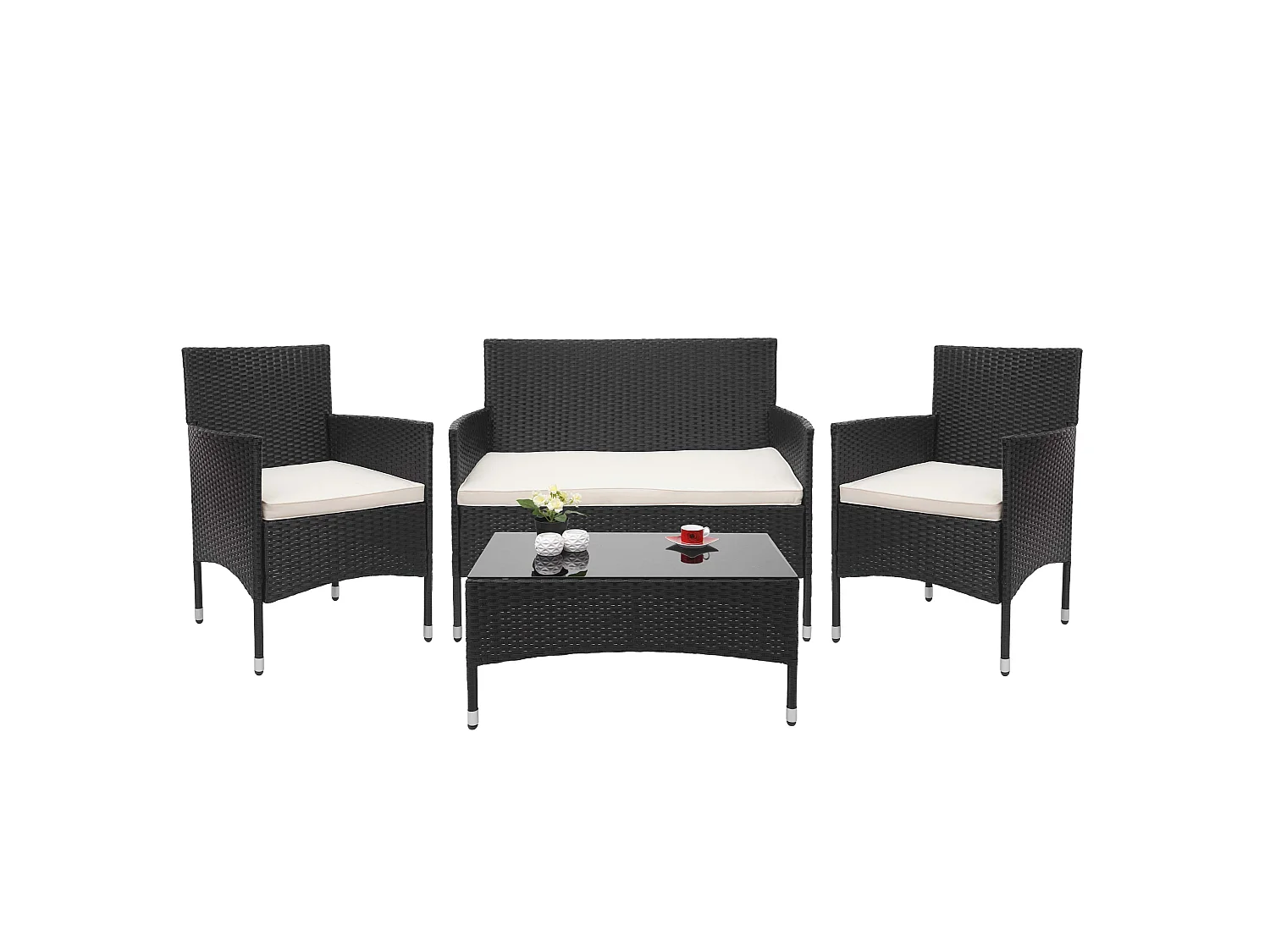 Zestaw polirattanowy MCW-F55 (4-częściowy),  czarny, kremowe poduszki