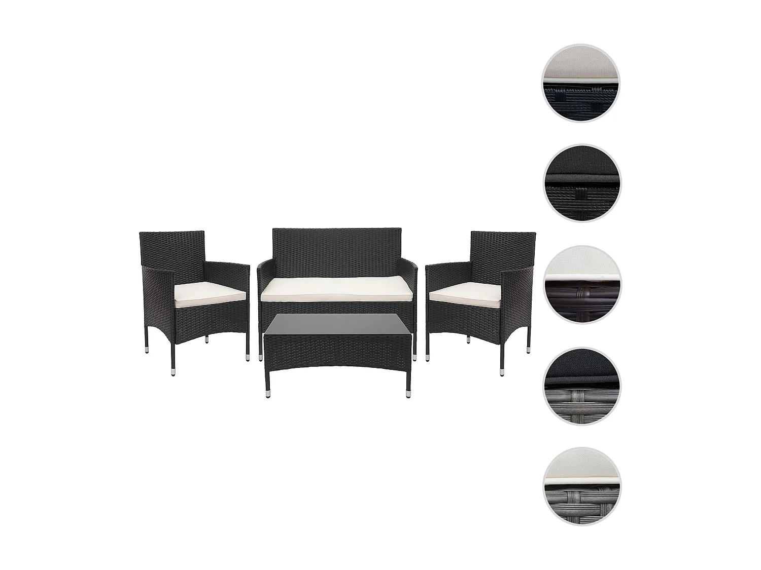 Zestaw polirattanowy MCW-F55 (4-częściowy),  czarny, kremowe poduszki