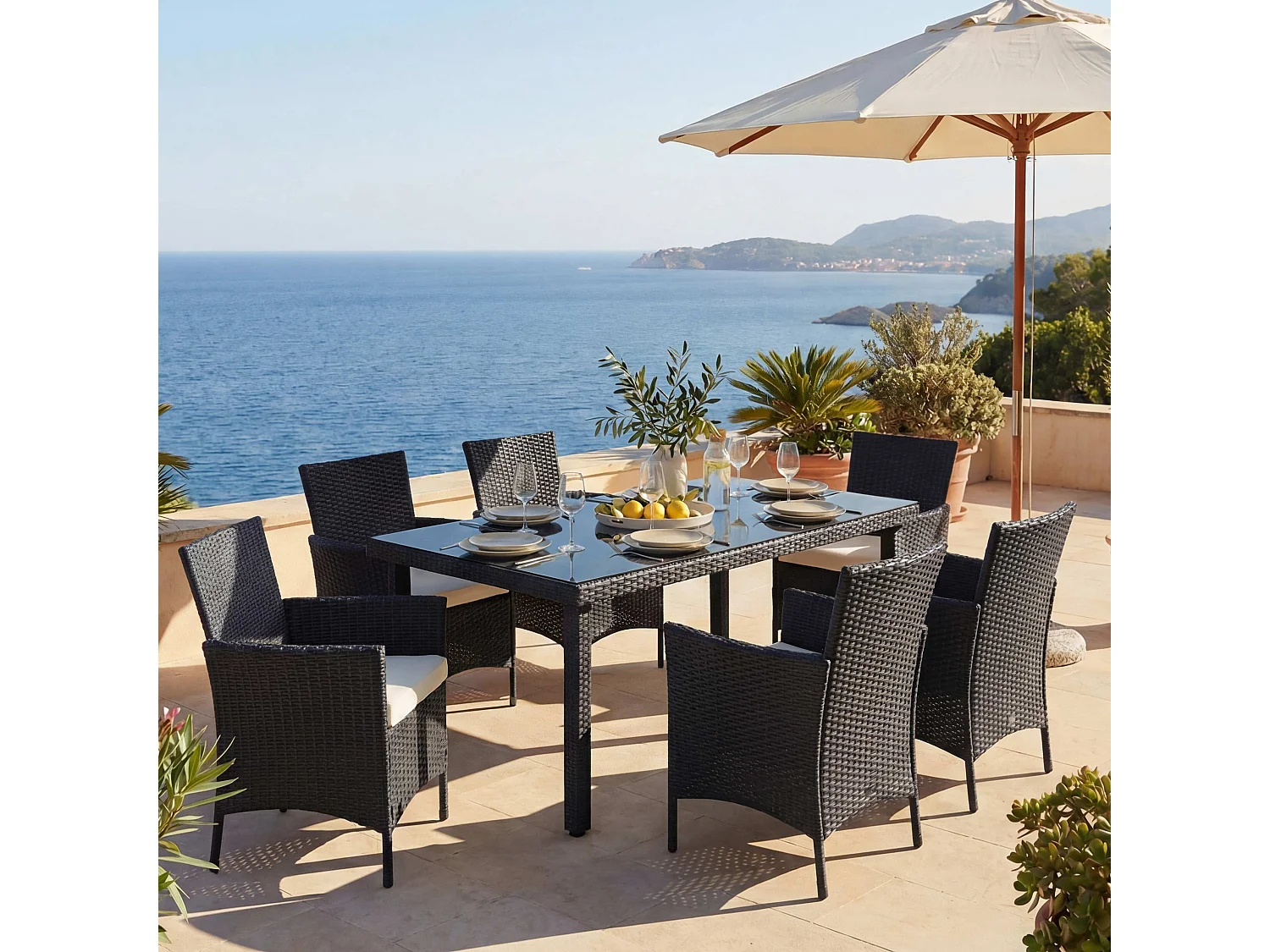 Poly-Rattan-Garnitur  Hamar (7-teilig), Anthrazit, Kissen creme