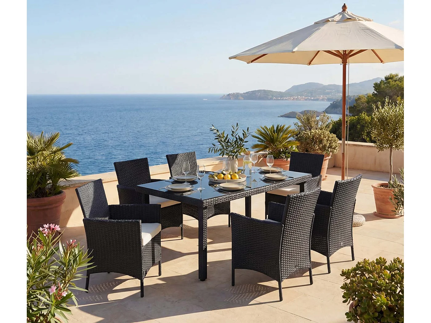 Poly-Rattan-Garnitur  Hamar (7-teilig), Anthrazit, Kissen creme