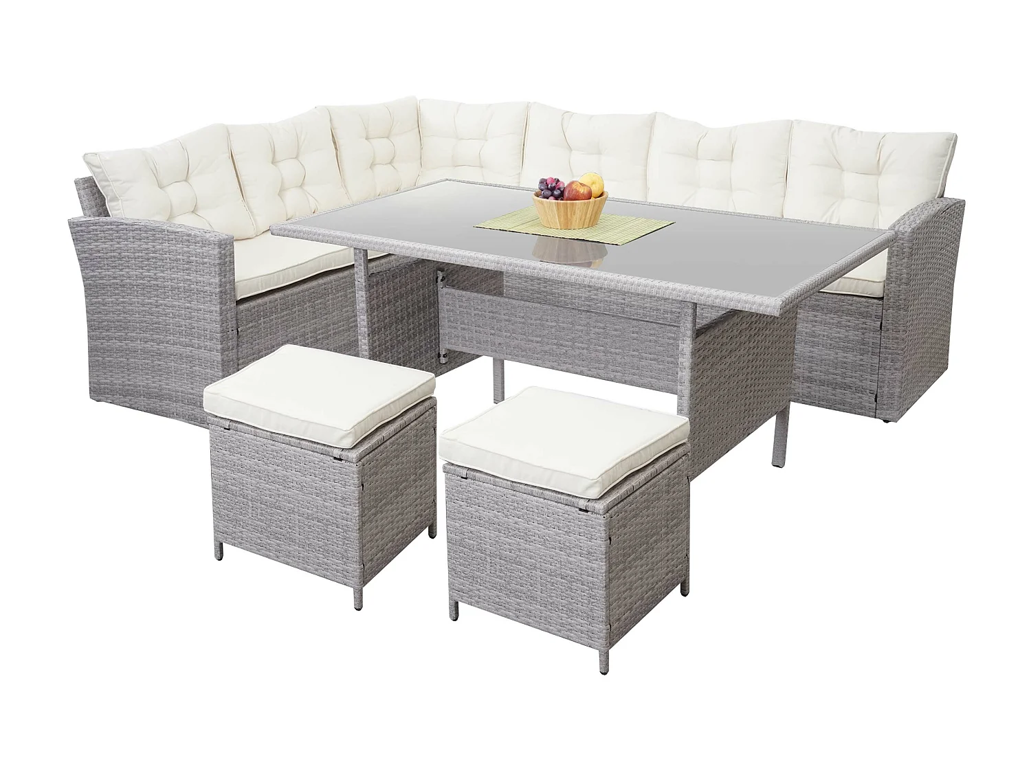 Zestaw polirattanowy MCW-A29,  jasnoszary, kremowe poduszki + 2x stołki