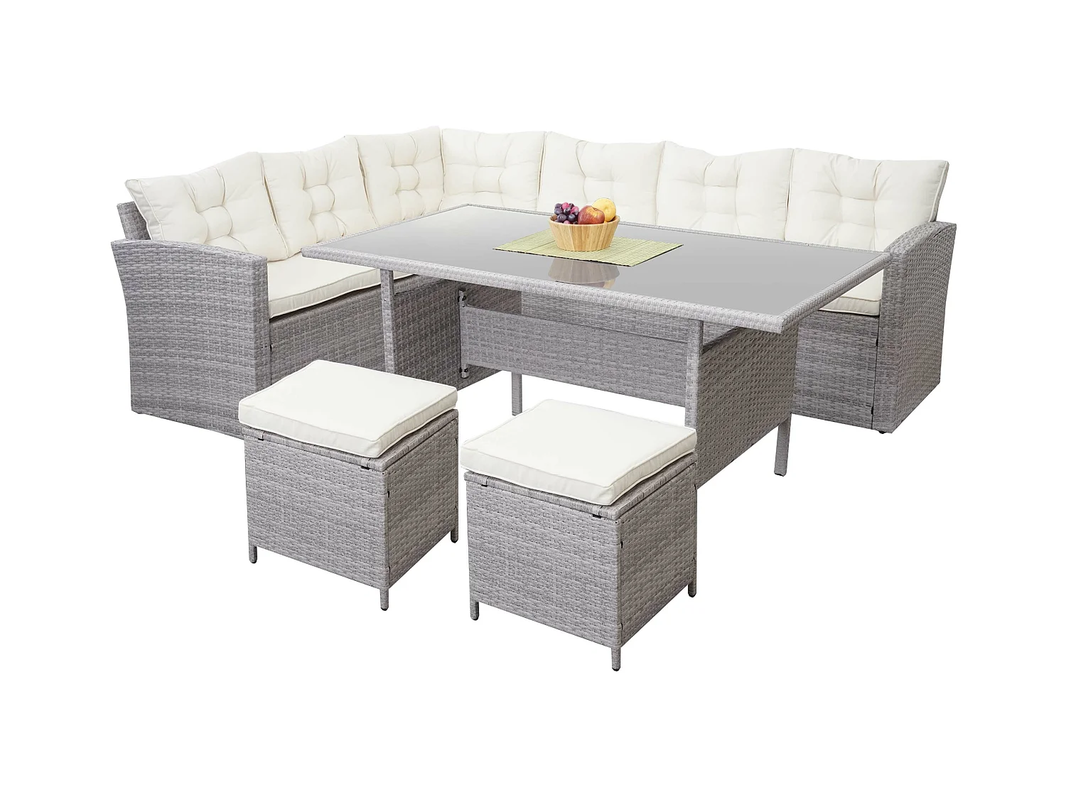 Poly-Rattan-Garnitur MCW-A29, Hellgrau, Kissen creme + 2x Hocker