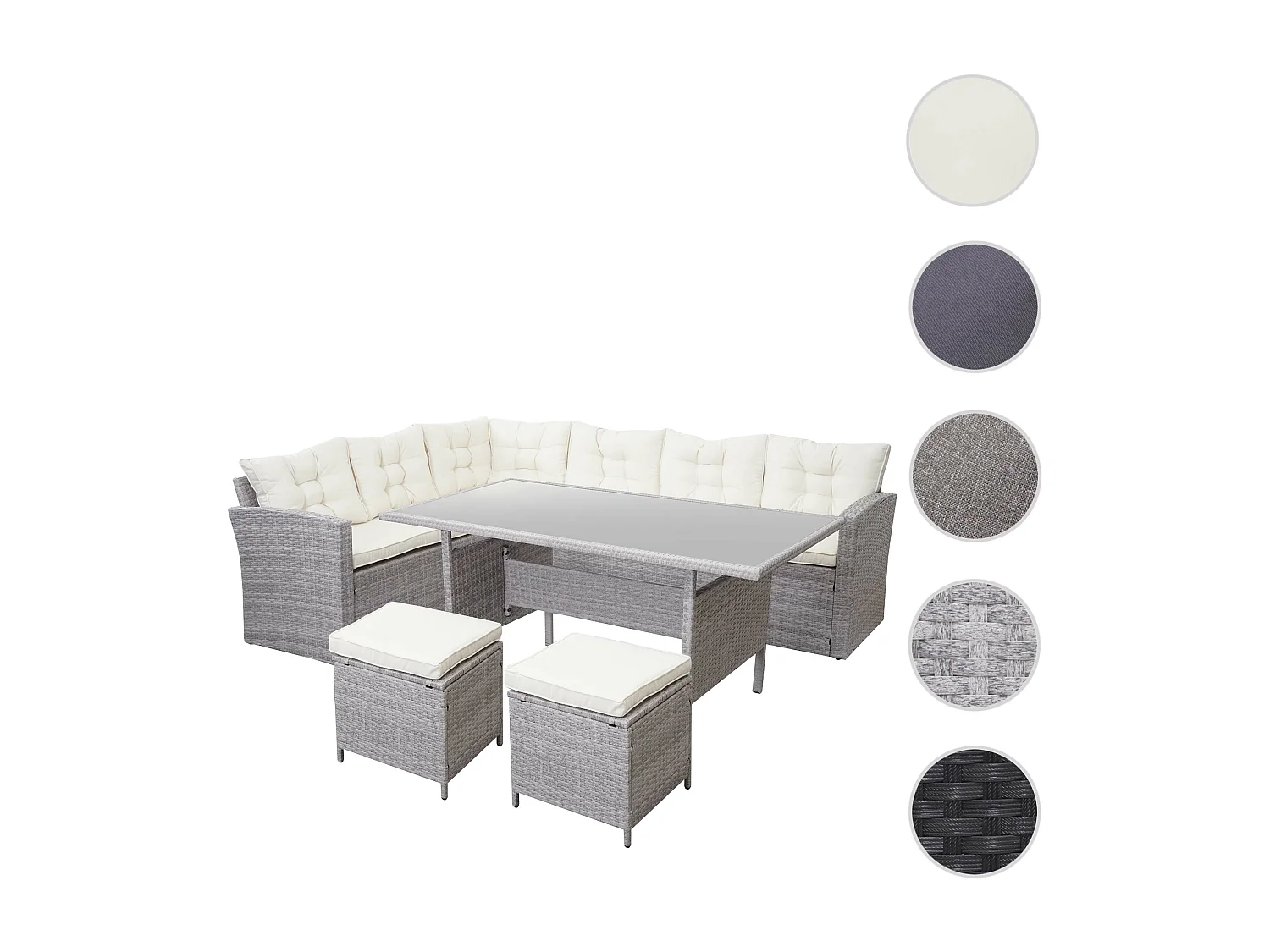 Zestaw polirattanowy MCW-A29,  jasnoszary, kremowe poduszki + 2x stołki