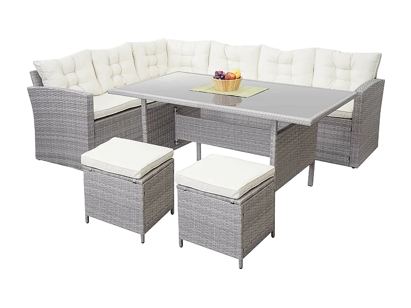 Zestaw polirattanowy MCW-A29,  jasnoszary, kremowe poduszki + 2x stołki