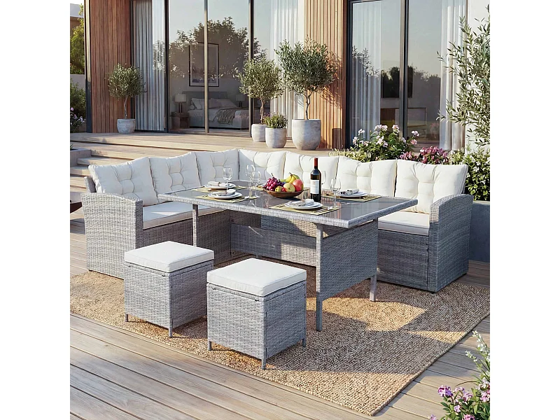 Polyrotan-set MCW-A29,  lichtgrijs, kussens crème + 2x voetenbank