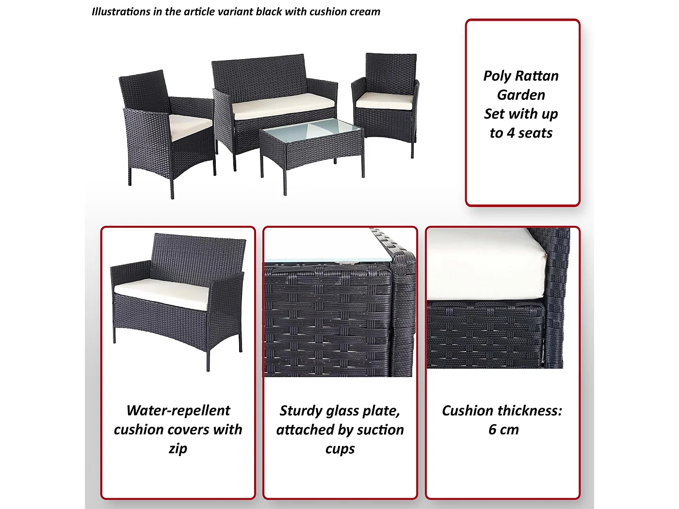 Set salotto giardino esterno salottino elegante MCW-D82 polyrattan nero con cuscini antracite