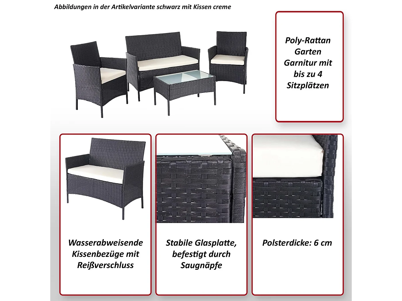 Poly-Rattan Garnitur MCW-D82 (4-teilig), Schwarz mit Kissen anthrazit