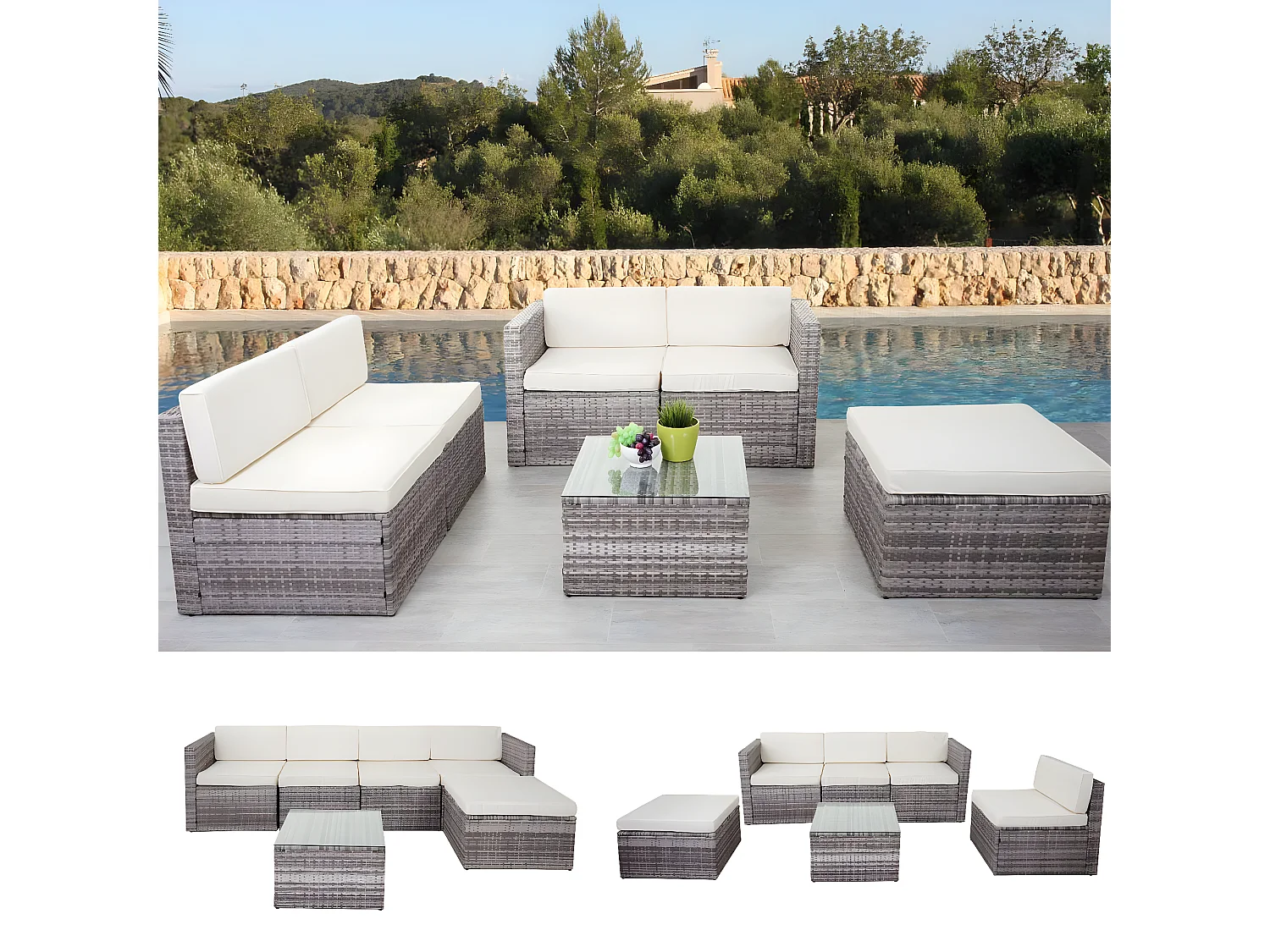 Poly-Rattan-Garnitur MCW-D24, Grau, Polster creme