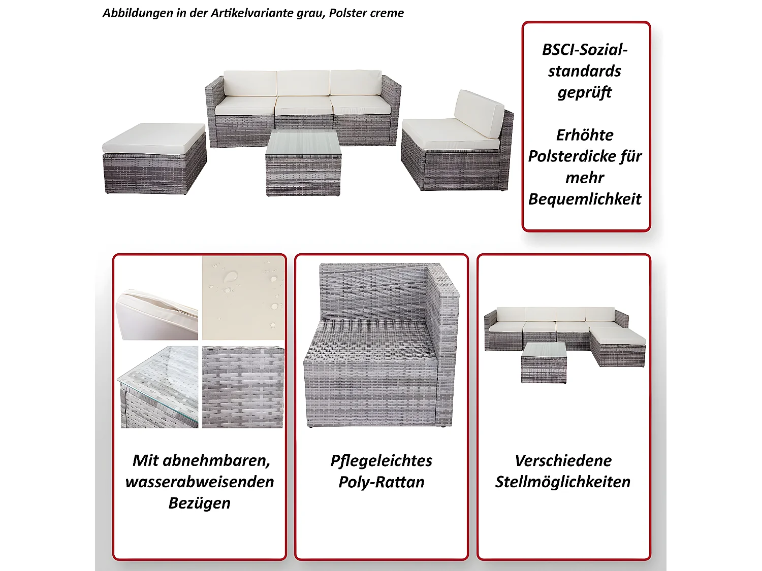 Poly-Rattan-Garnitur MCW-D24, Grau, Polster creme