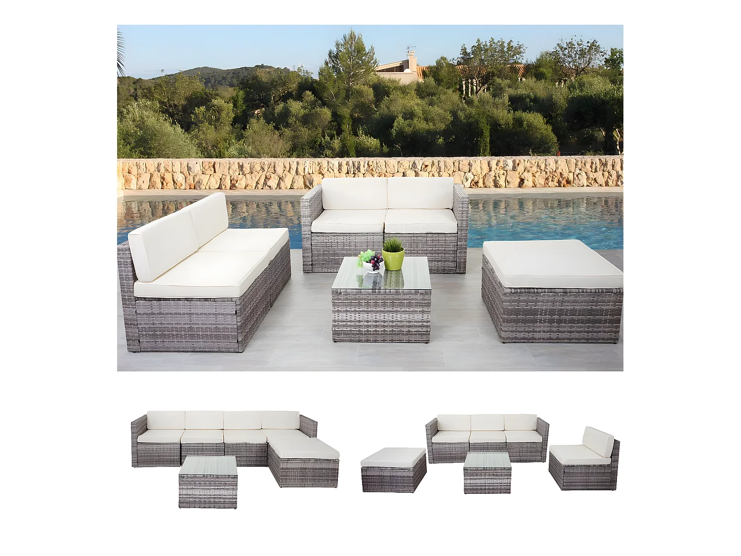 Set salotto giardino esterno salottino MCW-D24 polyrattan grigio con cuscini avorio