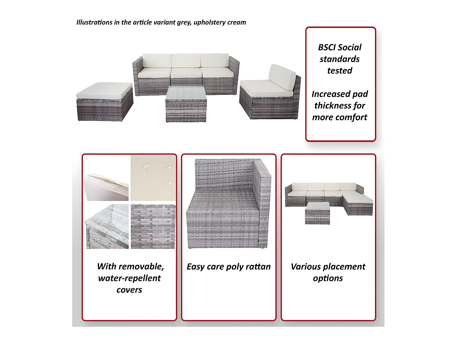 Set salotto giardino esterno salottino MCW-D24 polyrattan grigio con cuscini avorio