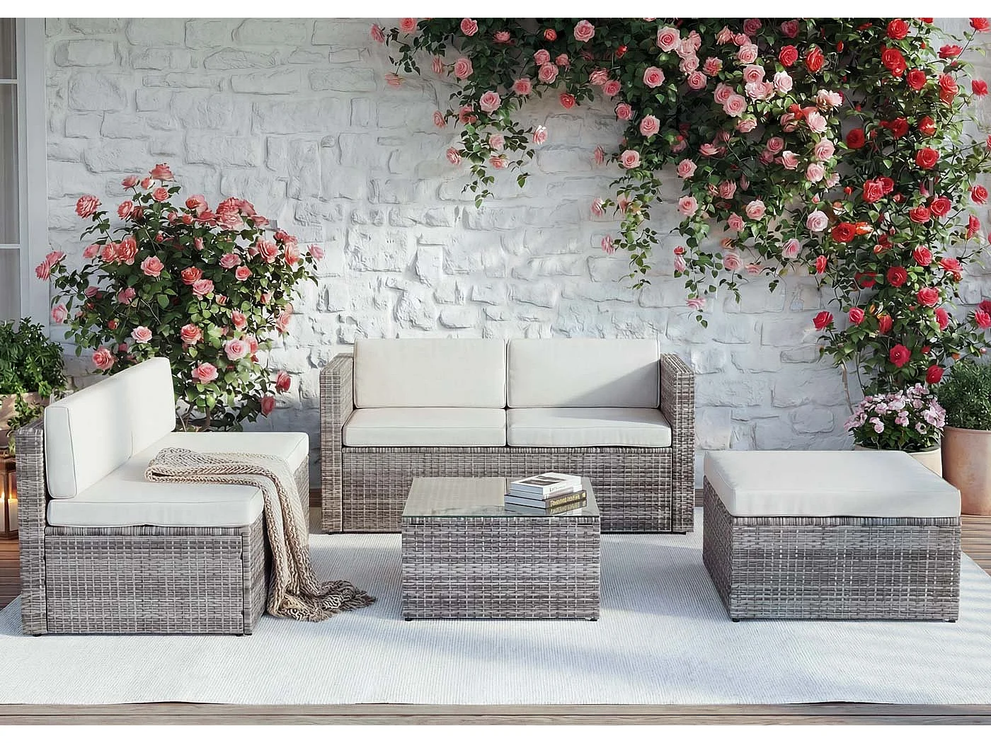 Poly-Rattan-Garnitur MCW-D24, Grau, Polster creme