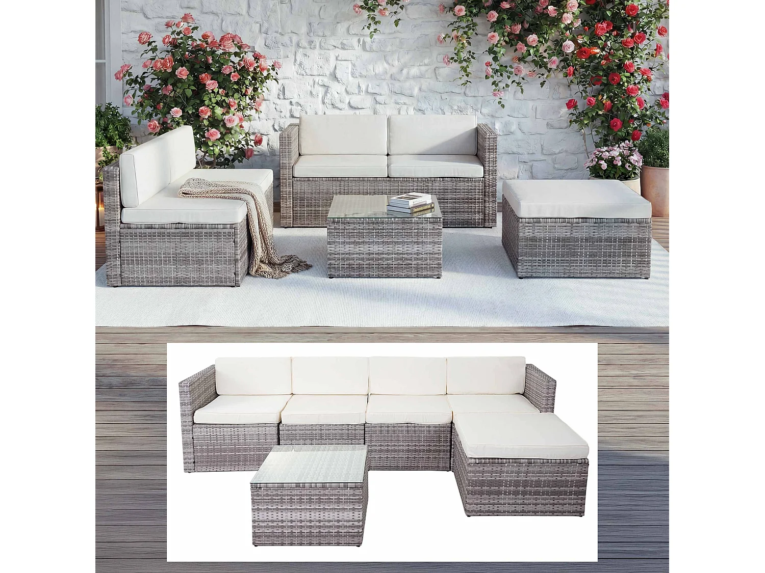 Poly-Rattan-Garnitur MCW-D24, Grau, Polster creme