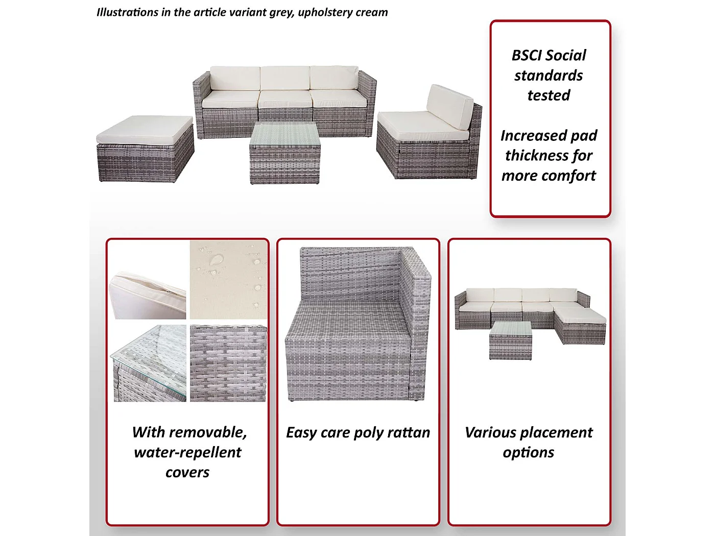 Poly-Rattan-Garnitur MCW-D24, Grau, Polster creme