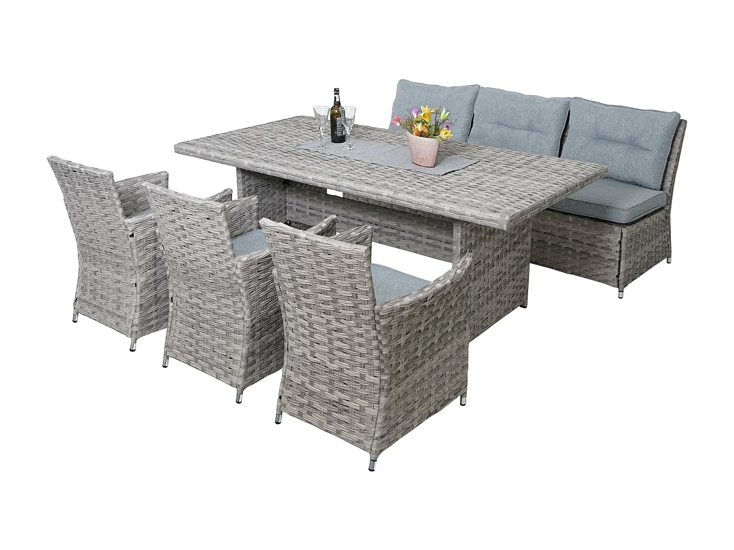 Set salotto giardino esterno salottino MCW-G59 polyrattan 3x poltrone tavolo divano grigio cuscini grigio chiaro