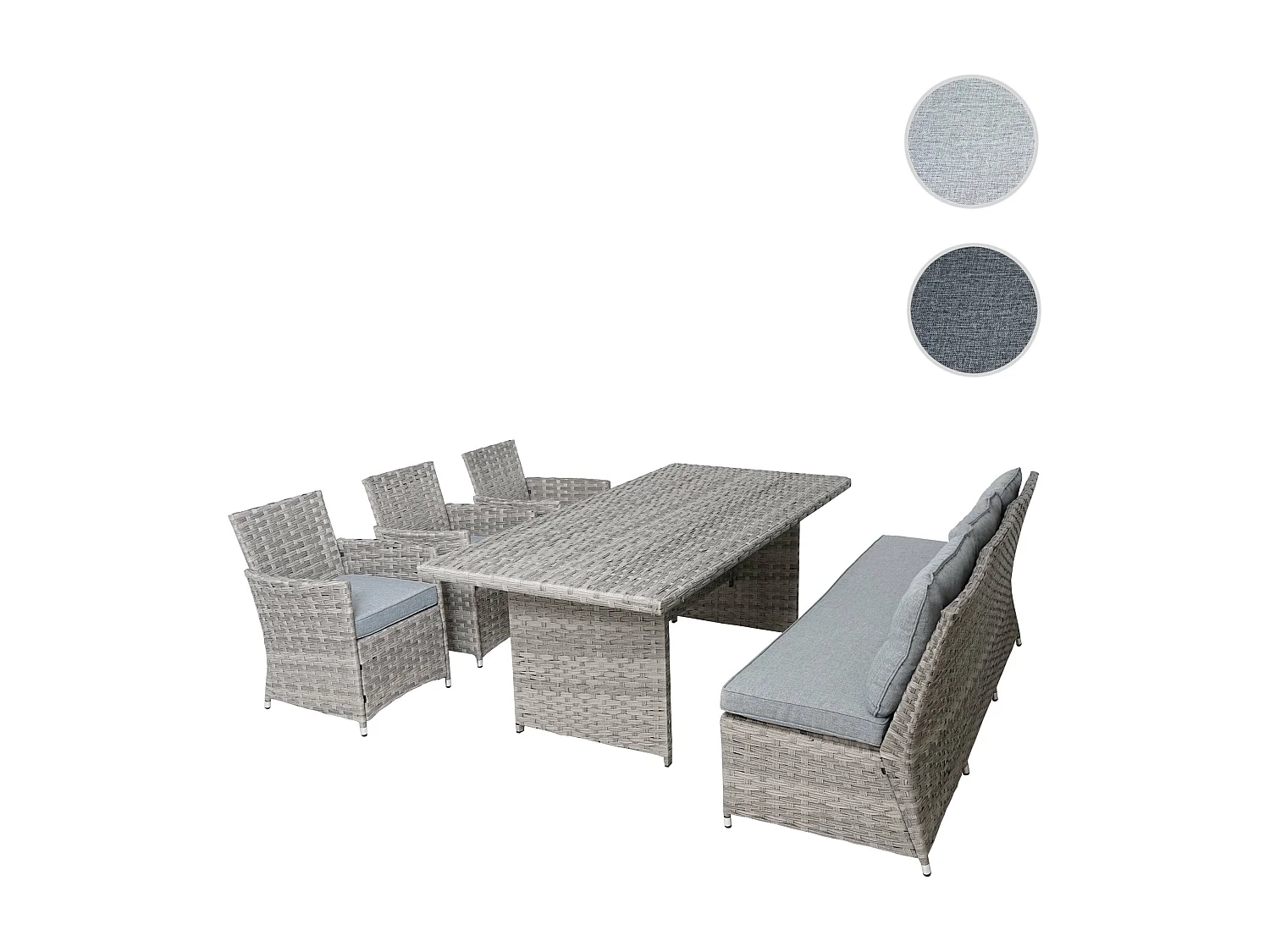 Set salotto giardino esterno salottino MCW-G59 polyrattan 3x poltrone tavolo divano grigio cuscini grigio chiaro