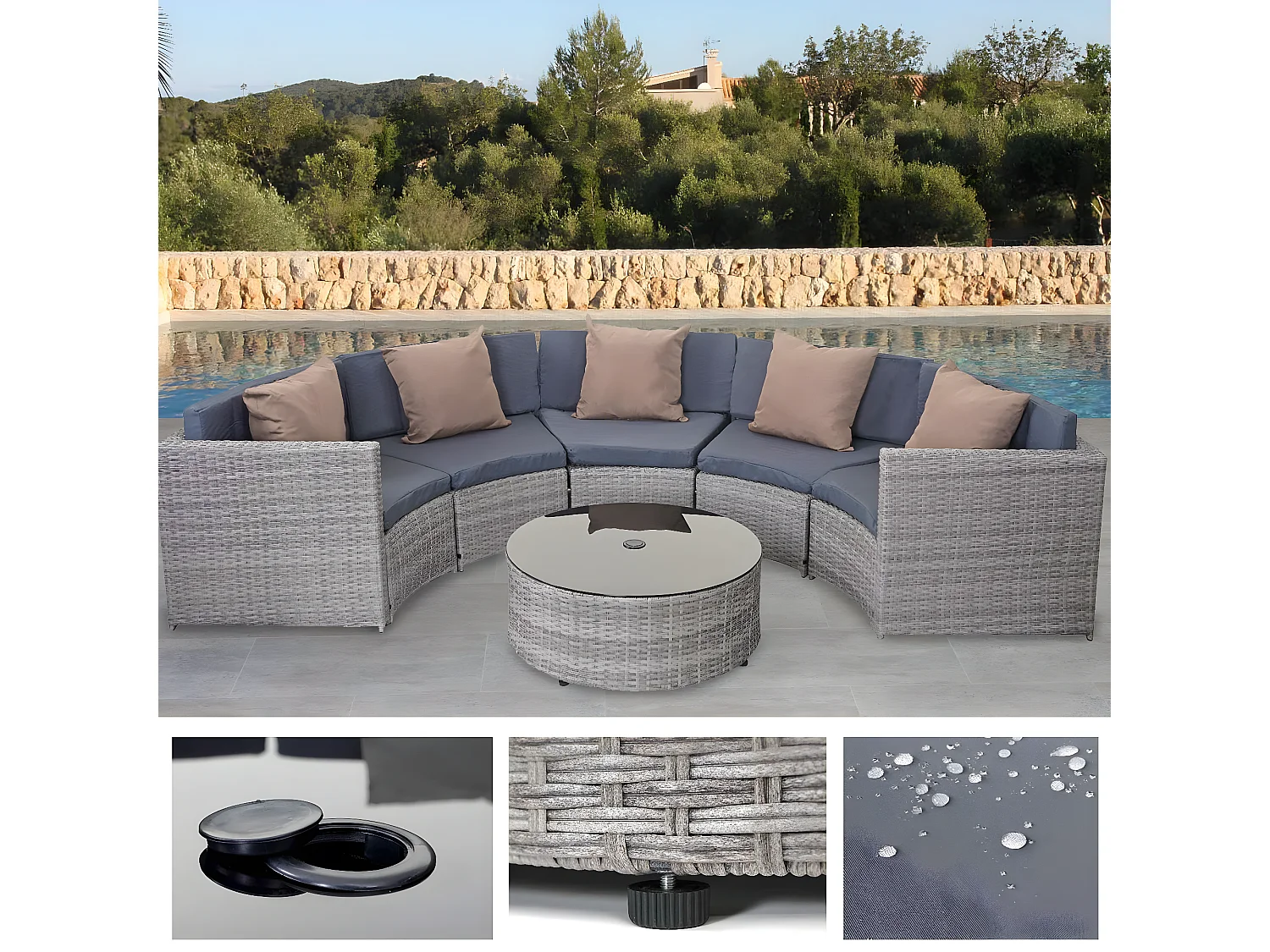 Zestaw polirattanowy MCW-E17 okrągły,  szary, tapicerka ciemnoszara, poduszki beżowe