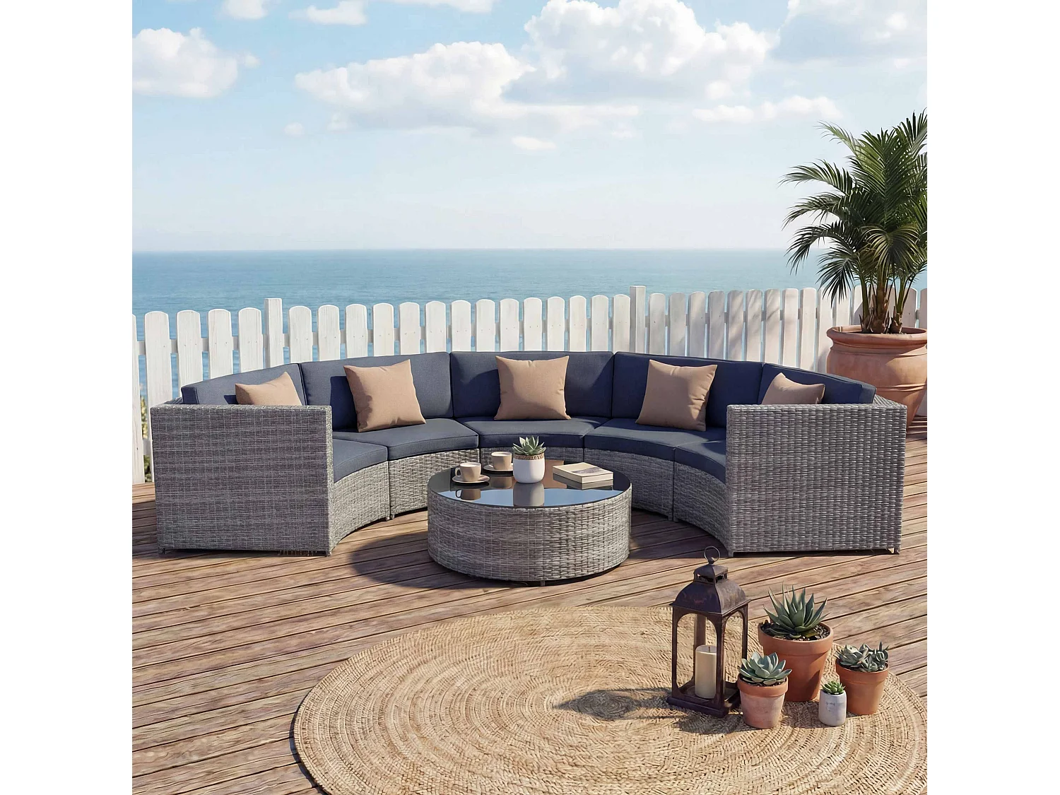 Poly-Rattan Garnitur MCW-E17 rund, Grau, Polster dunkelgrau, Kissen beige