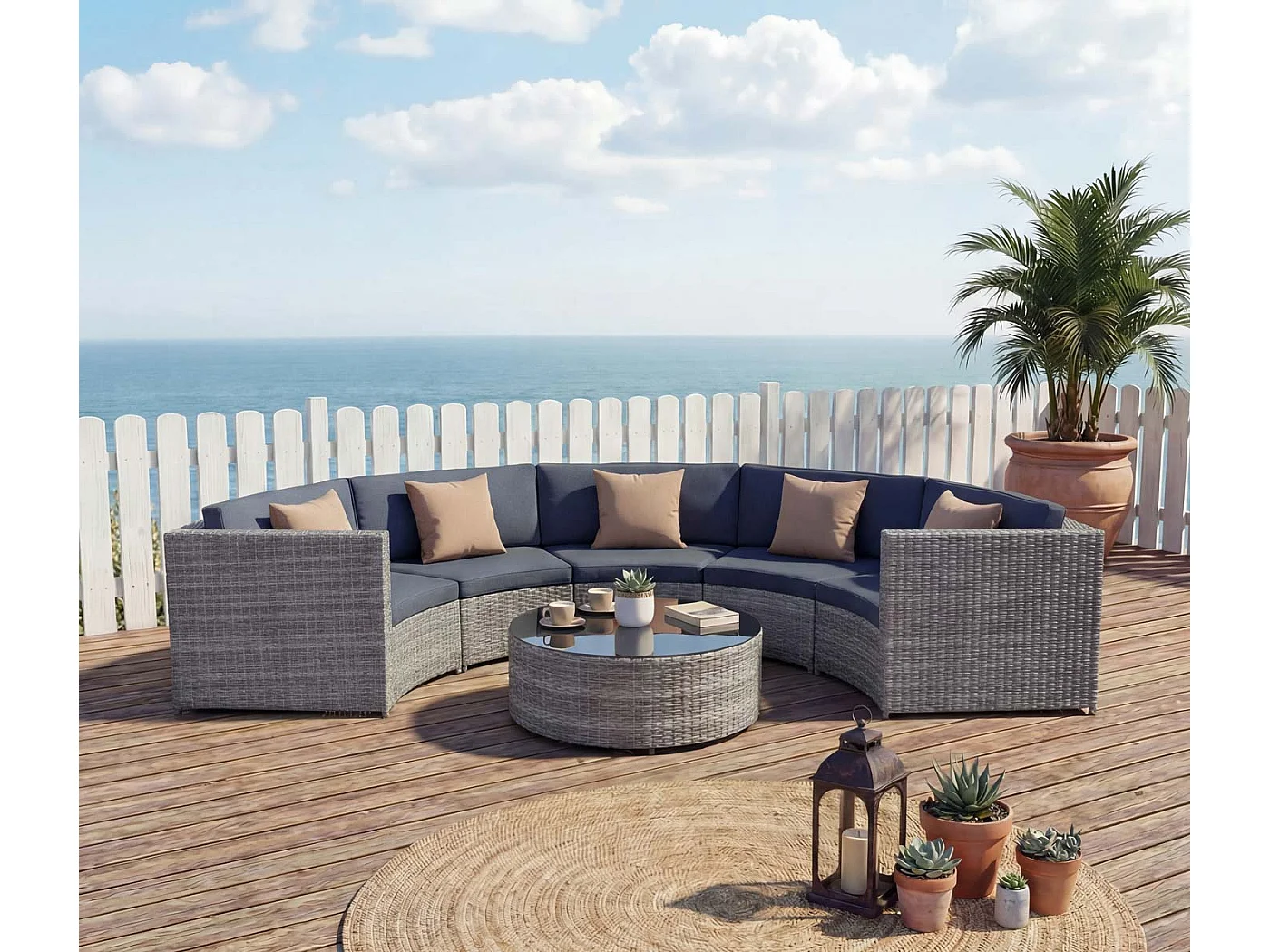 Poly-Rattan Garnitur MCW-E17 rund, Grau, Polster dunkelgrau, Kissen beige