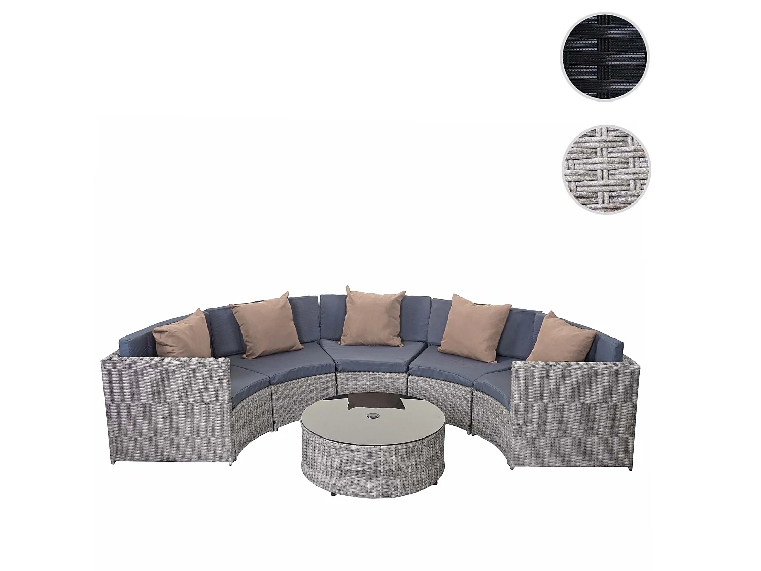 Poly-Rattan Garnitur MCW-E17 rund, Grau, Polster dunkelgrau, Kissen beige