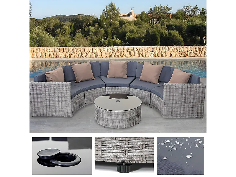 Poly-Rattan Garnitur MCW-E17 rund, Grau, Polster dunkelgrau, Kissen beige
