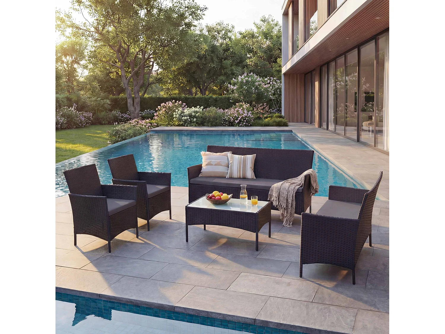 3-2-1-1 Poly-Rattan Garnitur Hamar, Anthrazit, Kissen anthrazit