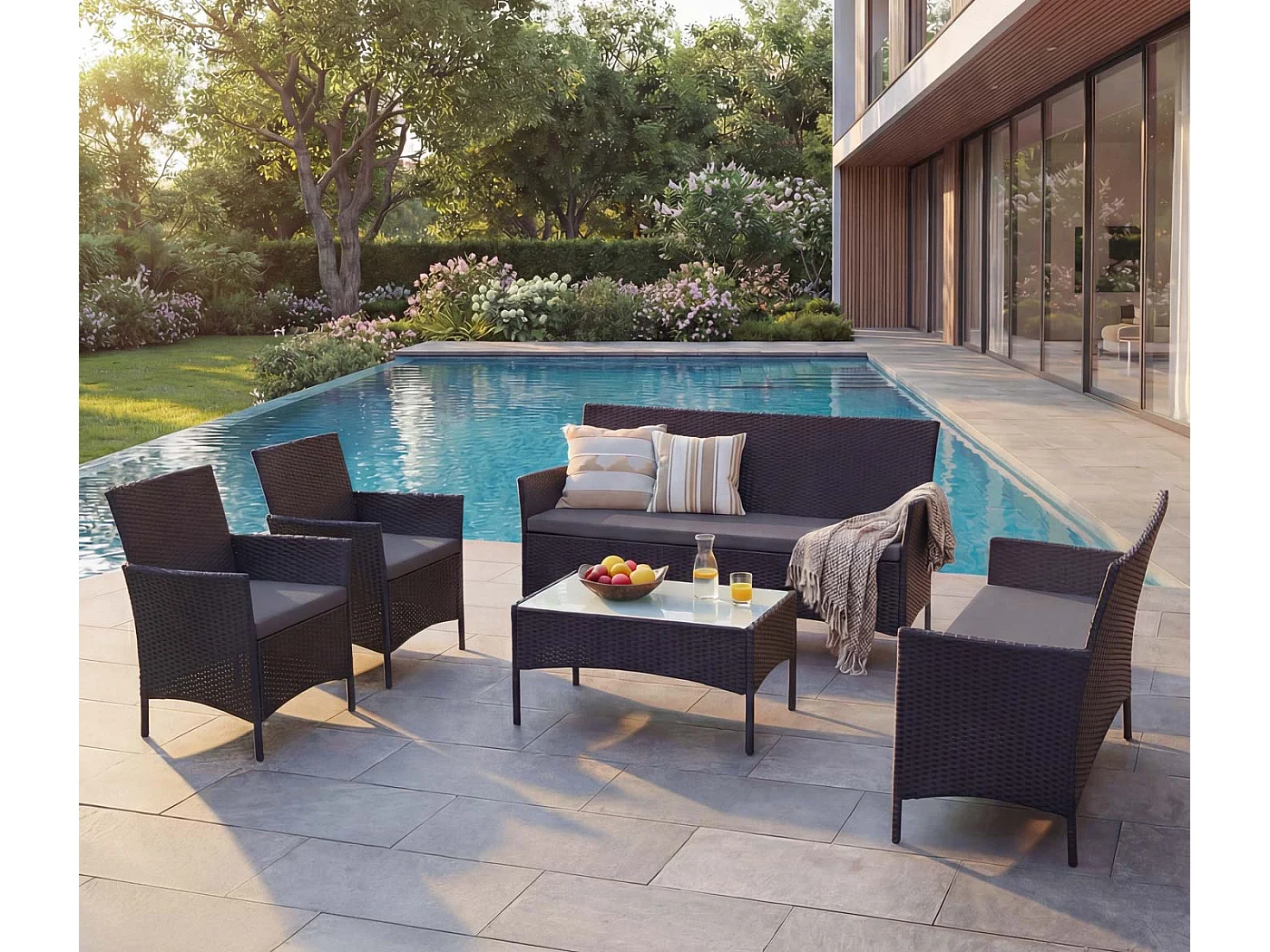 3-2-1-1 Poly-Rattan Garnitur Hamar, Anthrazit, Kissen anthrazit