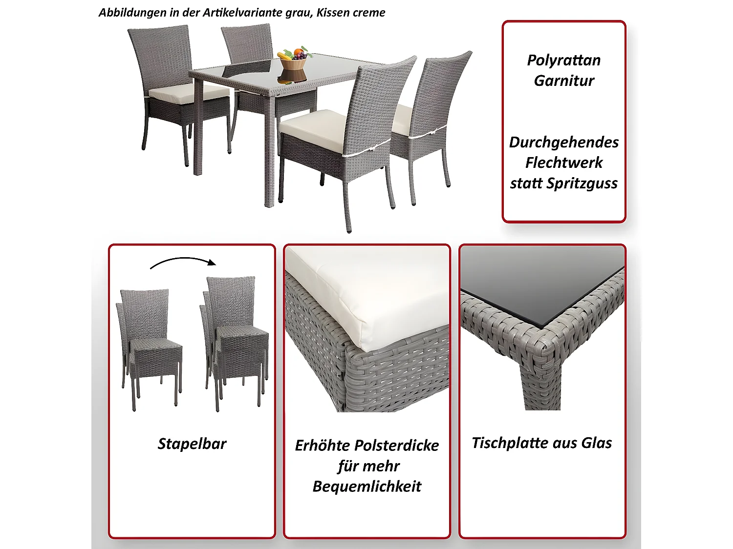 Poly-rattan set MCW-G19 (5-delig),  bruin, kussens crème