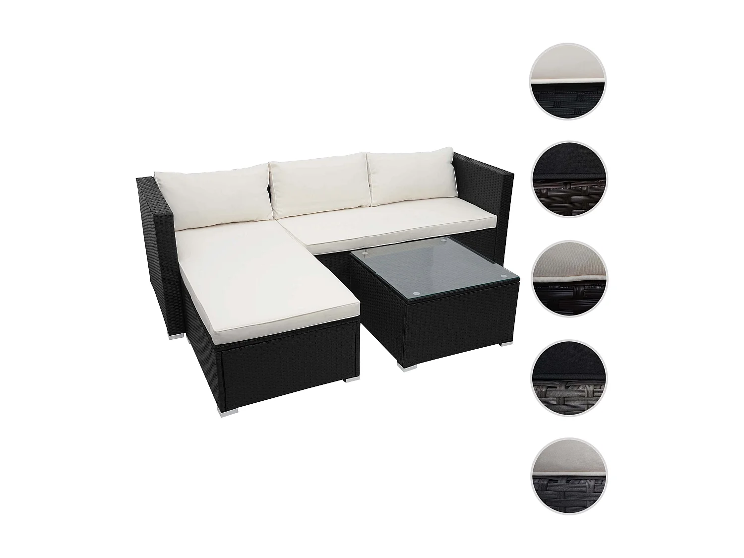 Zestaw polirattanowy MCW-F57 (3-częściowy),  czarny, poduszki kremowe bez poduszek dekoracyjnych