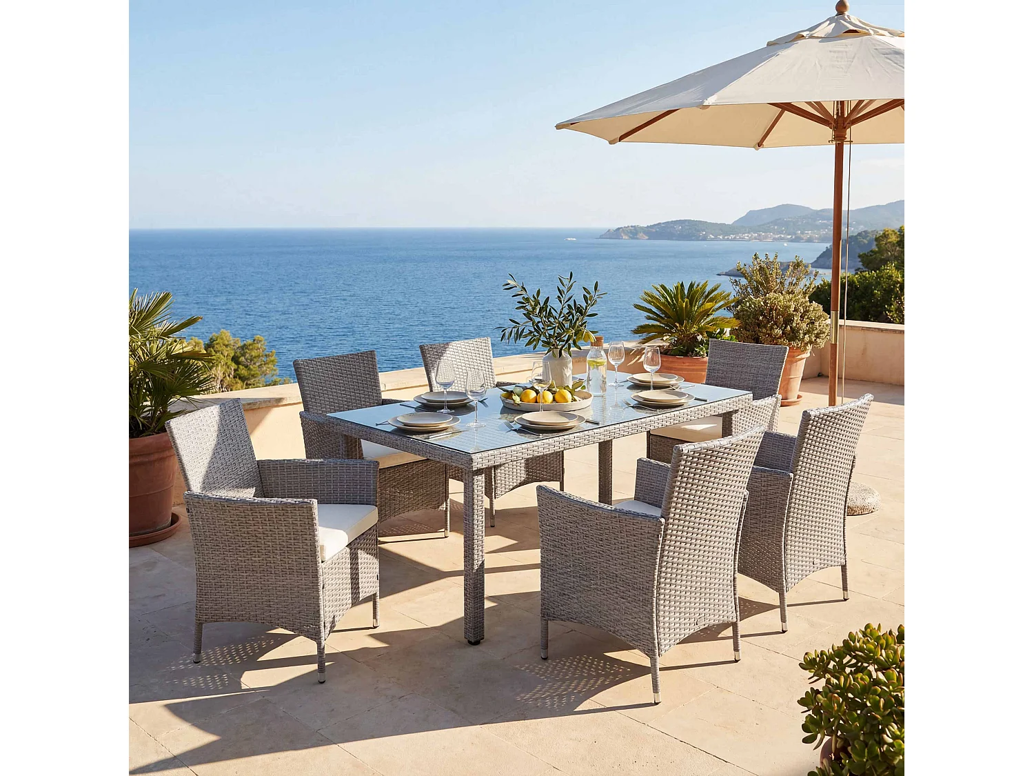 Poly-Rattan-Garnitur  Hamar (7-teilig), Grau, Kissen creme