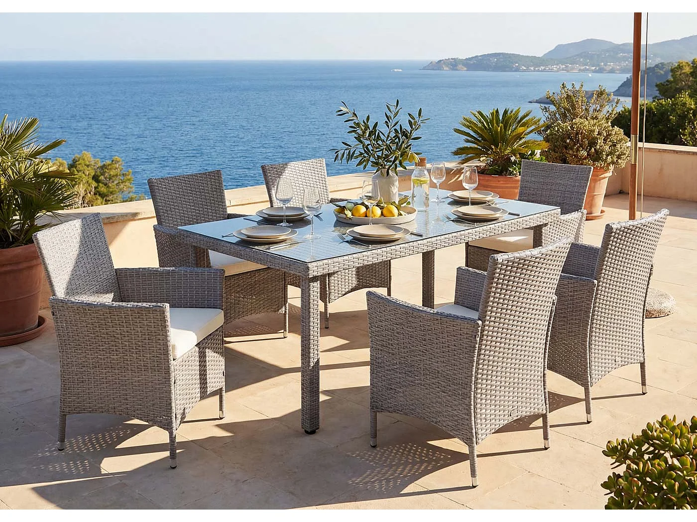 Poly-Rattan-Garnitur  Hamar (7-teilig), Grau, Kissen creme