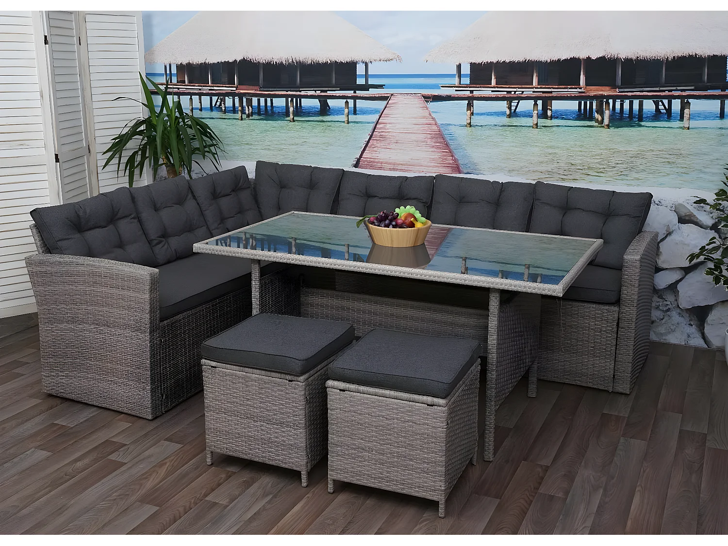 Zestaw polirattanowy MCW-A29,  szary, szare poduszki + 2x stołek