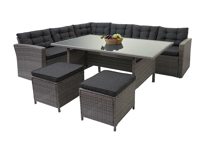 Poly-Rattan-Garnitur MCW-A29, Grau, Kissen grau + 2x Hocker