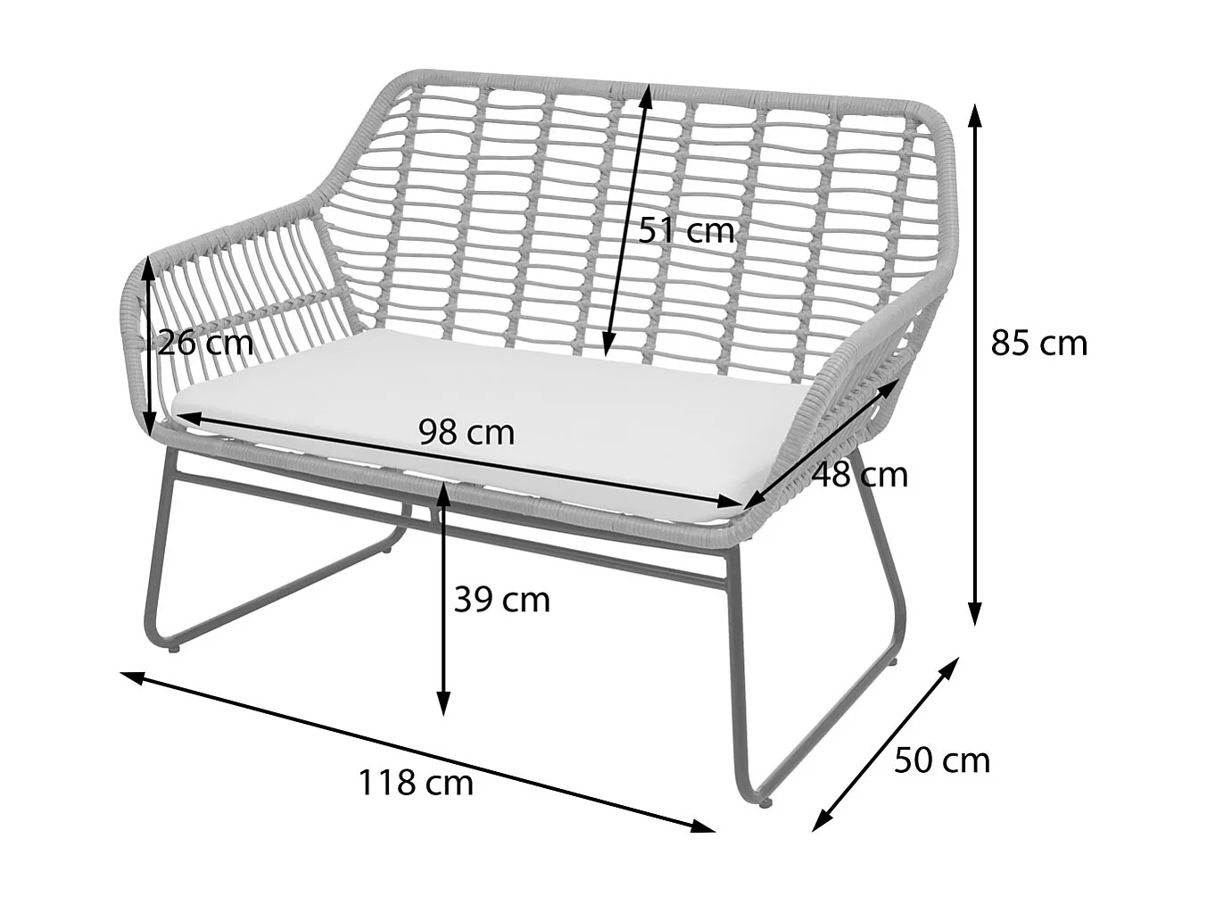 Polyrattan-sæt MCW-G17a (4-delt),  antracit, polstring i antracit uden pyntepuder
