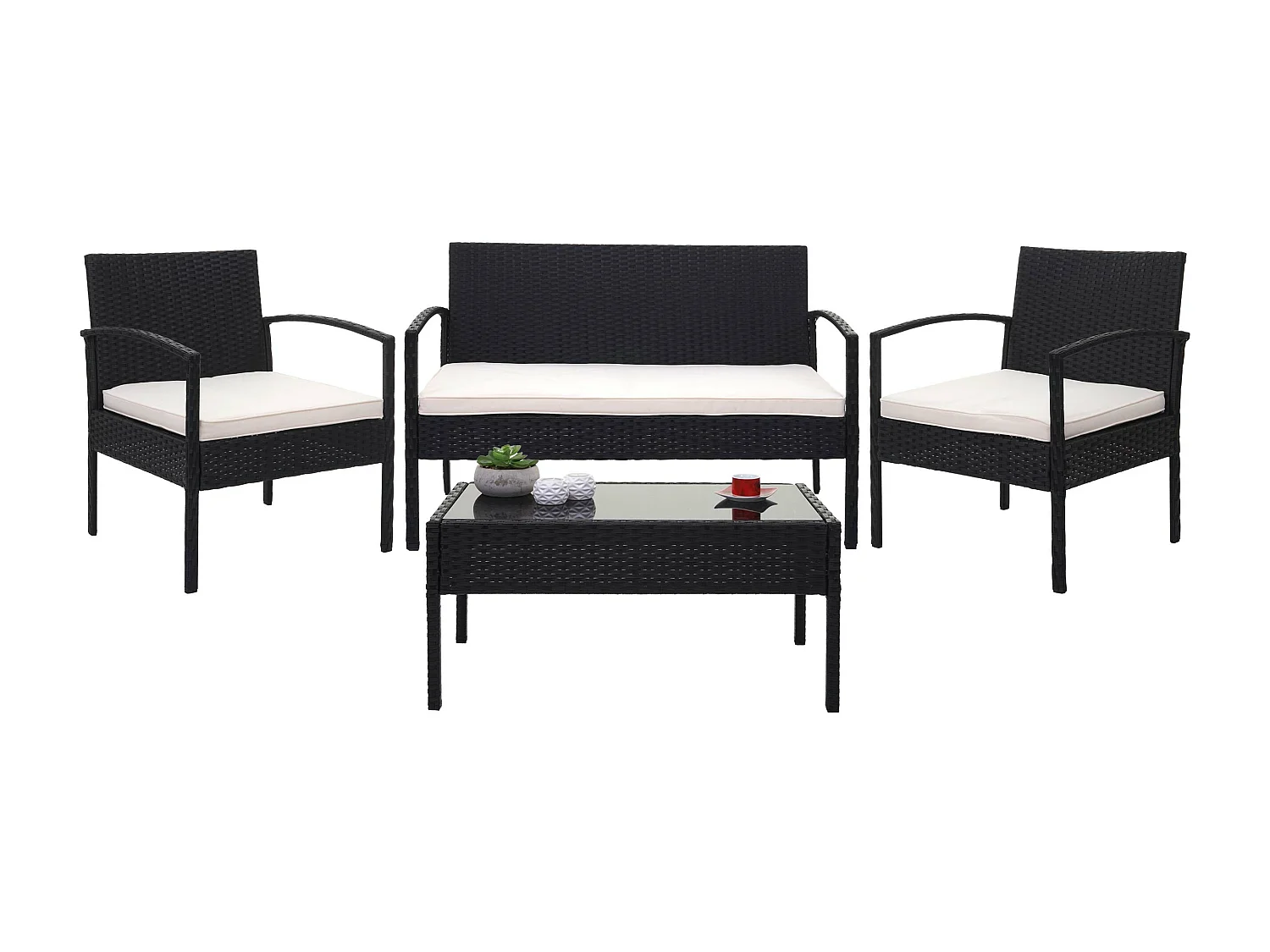 Polyrotan set MCW-F56 (4-delig),  zwart, kussens crème