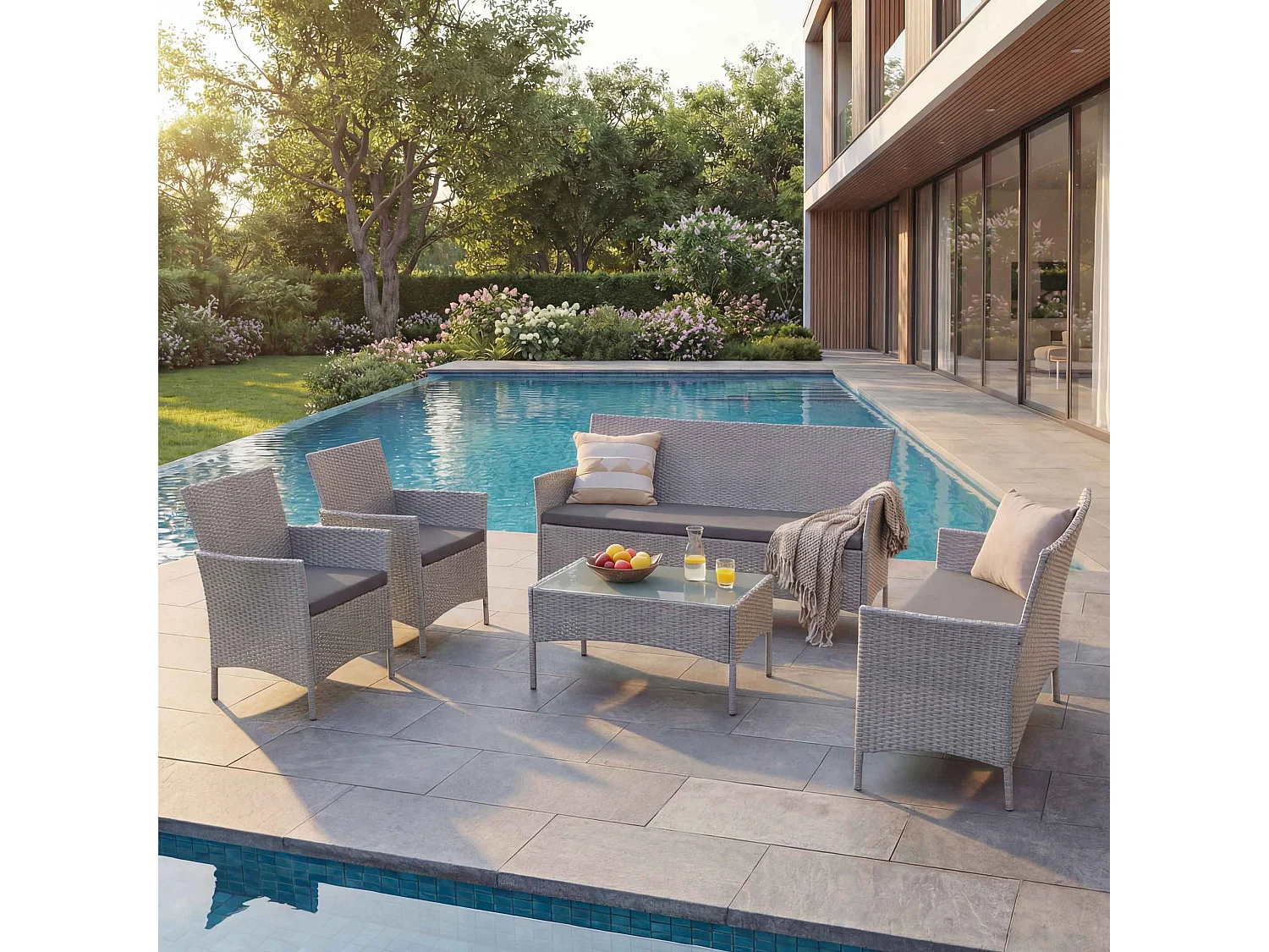 3-2-1-1 Poly-Rattan Garnitur Hamar, Grau, Kissen anthrazit