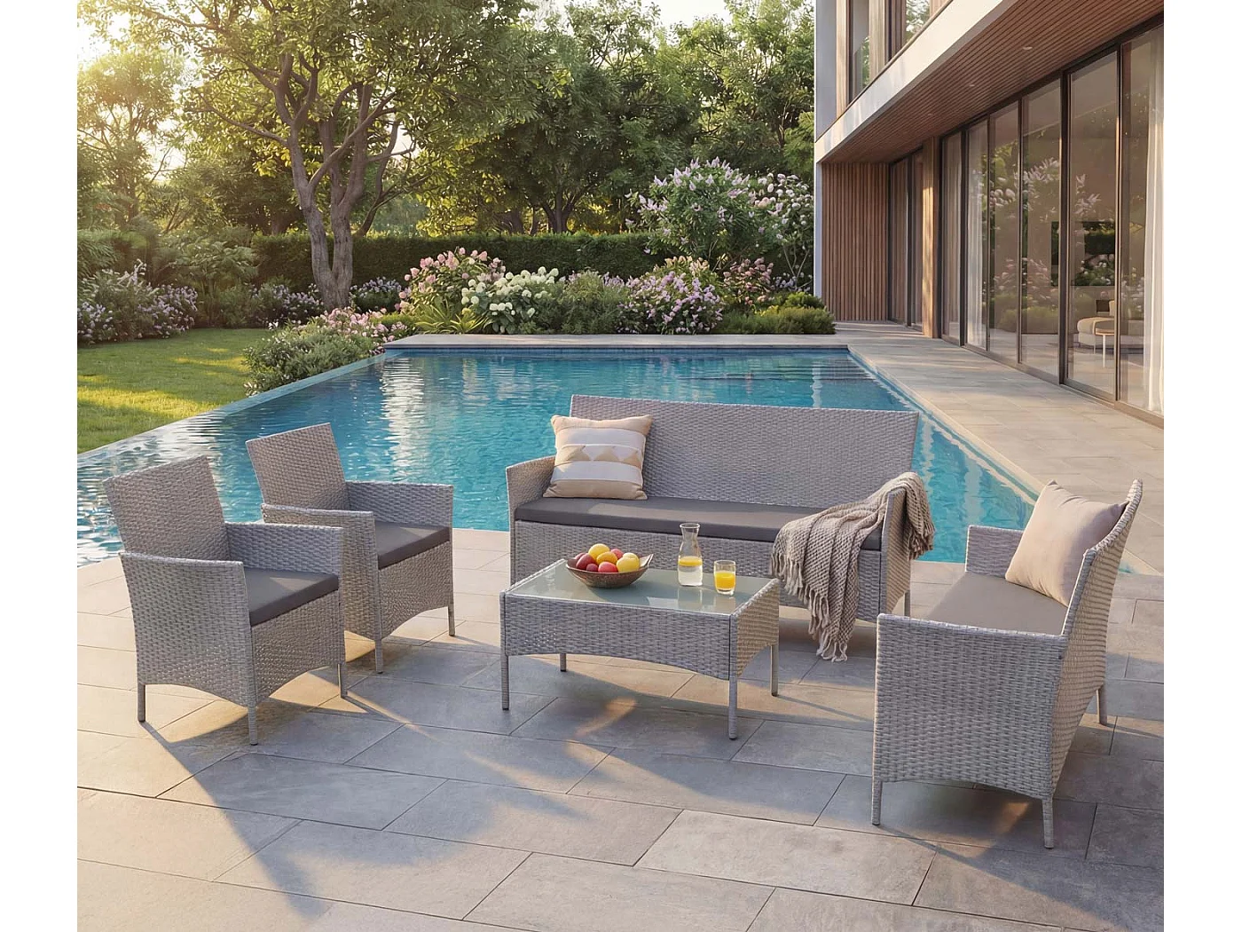 3-2-1-1 Poly-Rattan Garnitur Hamar, Grau, Kissen anthrazit