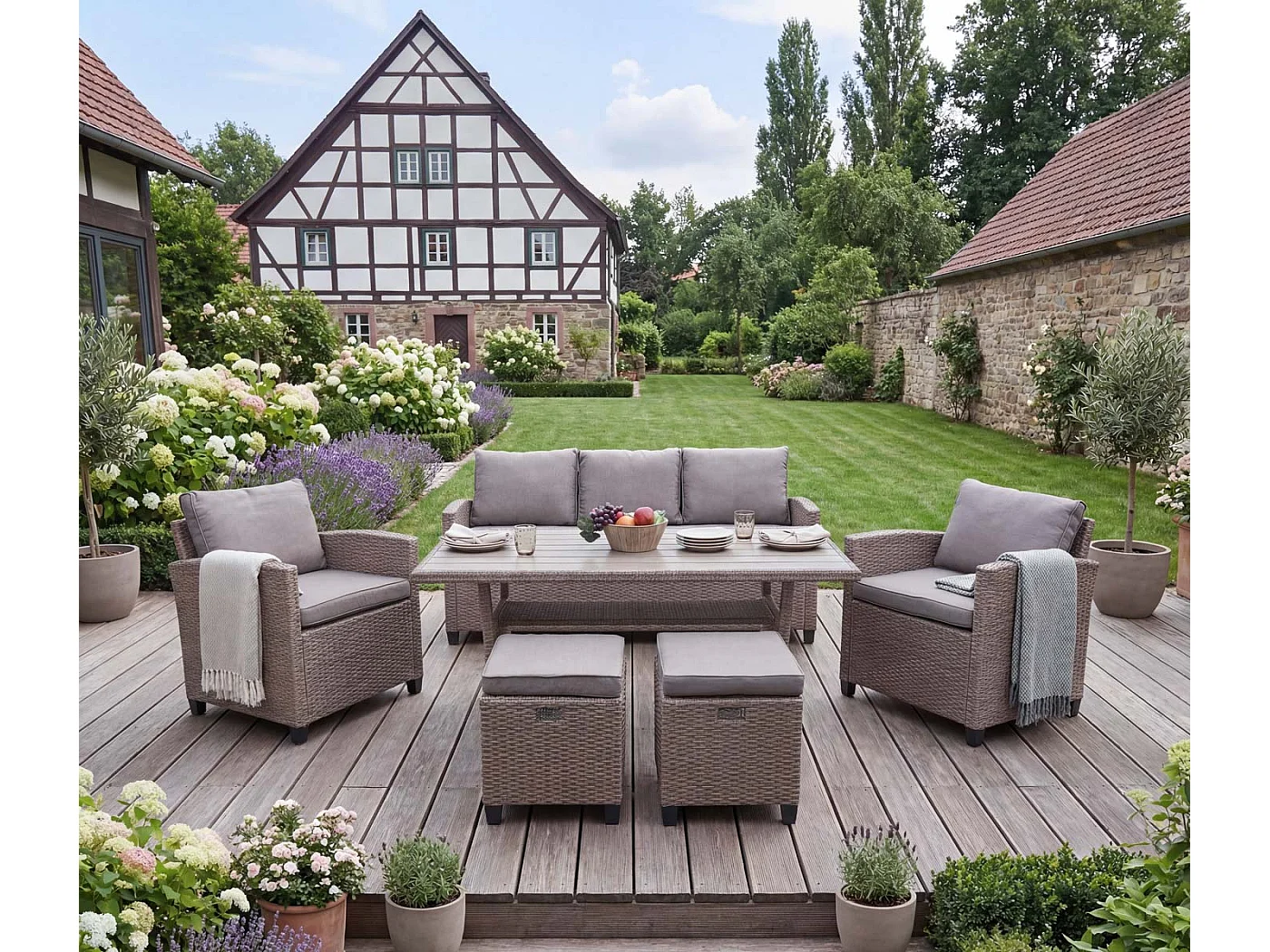 Poly-Rattan Garnitur MCW-E95 (6-teilig), Grau-braun, Kissen grau