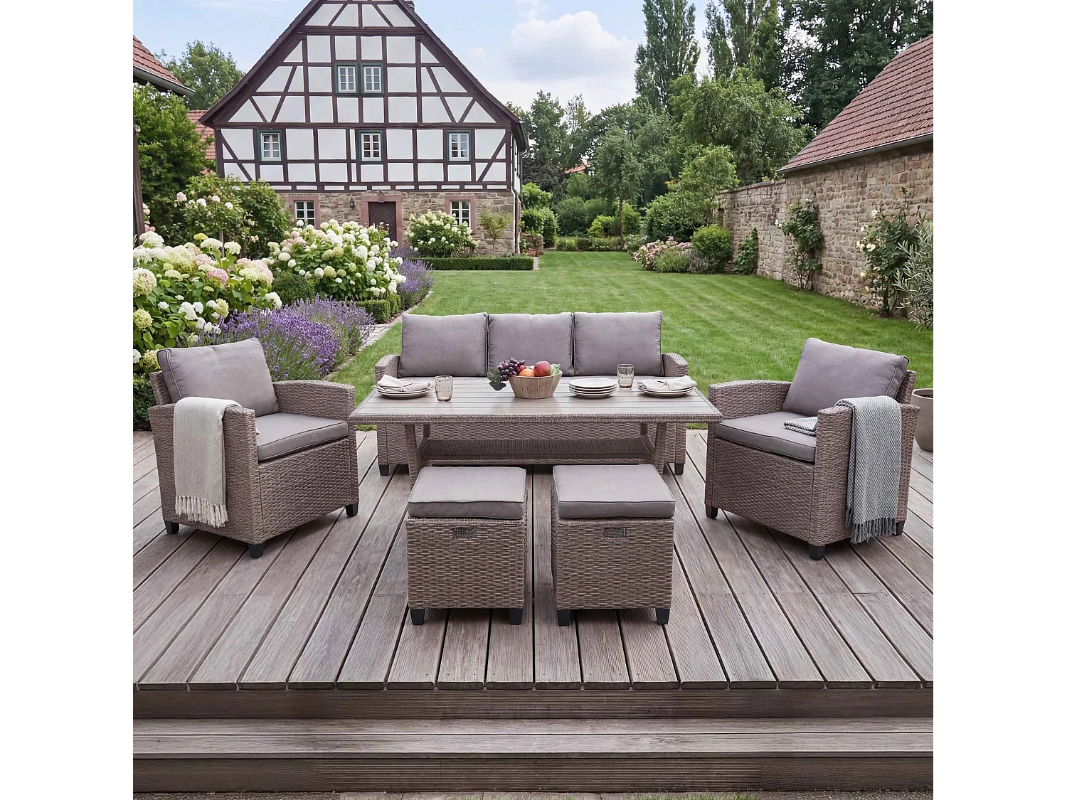 Zestaw z polirattanowym wykończeniem MCW-E95 (6 elementów),  szaro-brązowy, poduszki szare