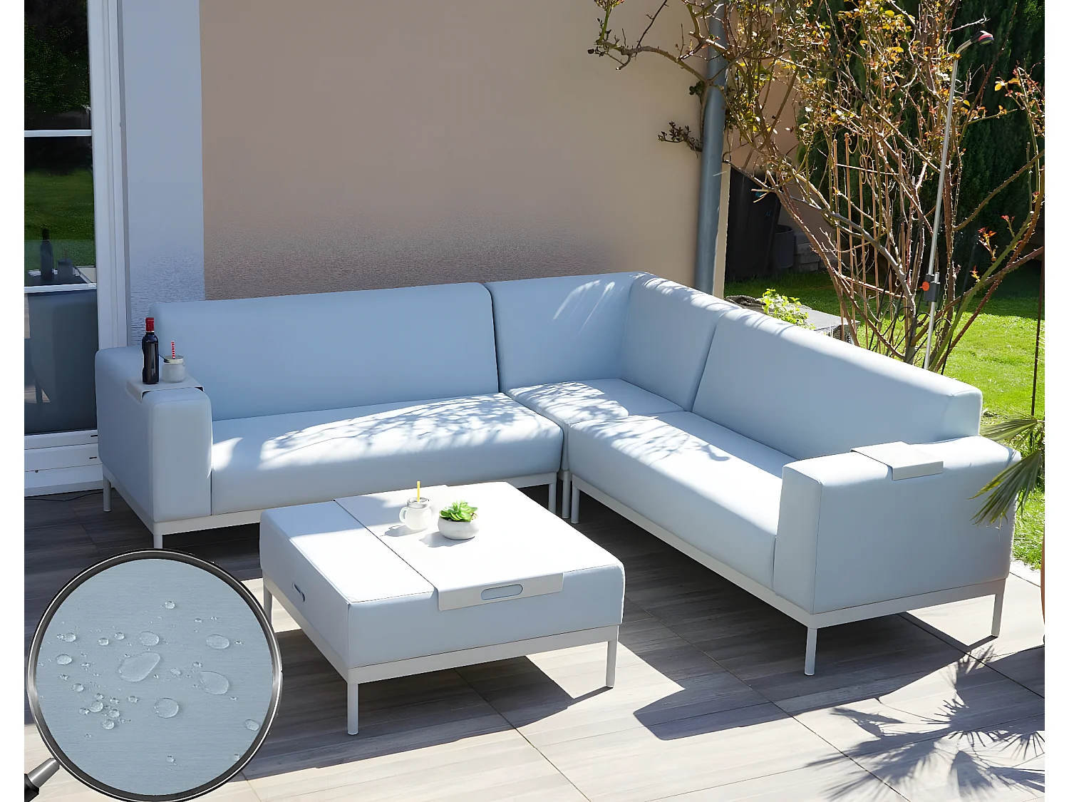 Alu-Garten-Garnitur MCW-C47 (7-teilig), Blau mit Ablage, ohne Kissen