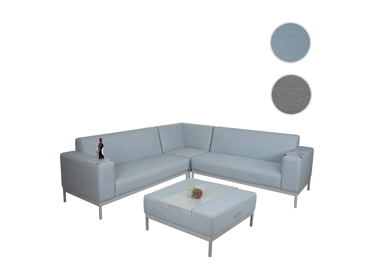 Alu-Garten-Garnitur MCW-C47 (7-teilig), Blau mit Ablage, ohne Kissen